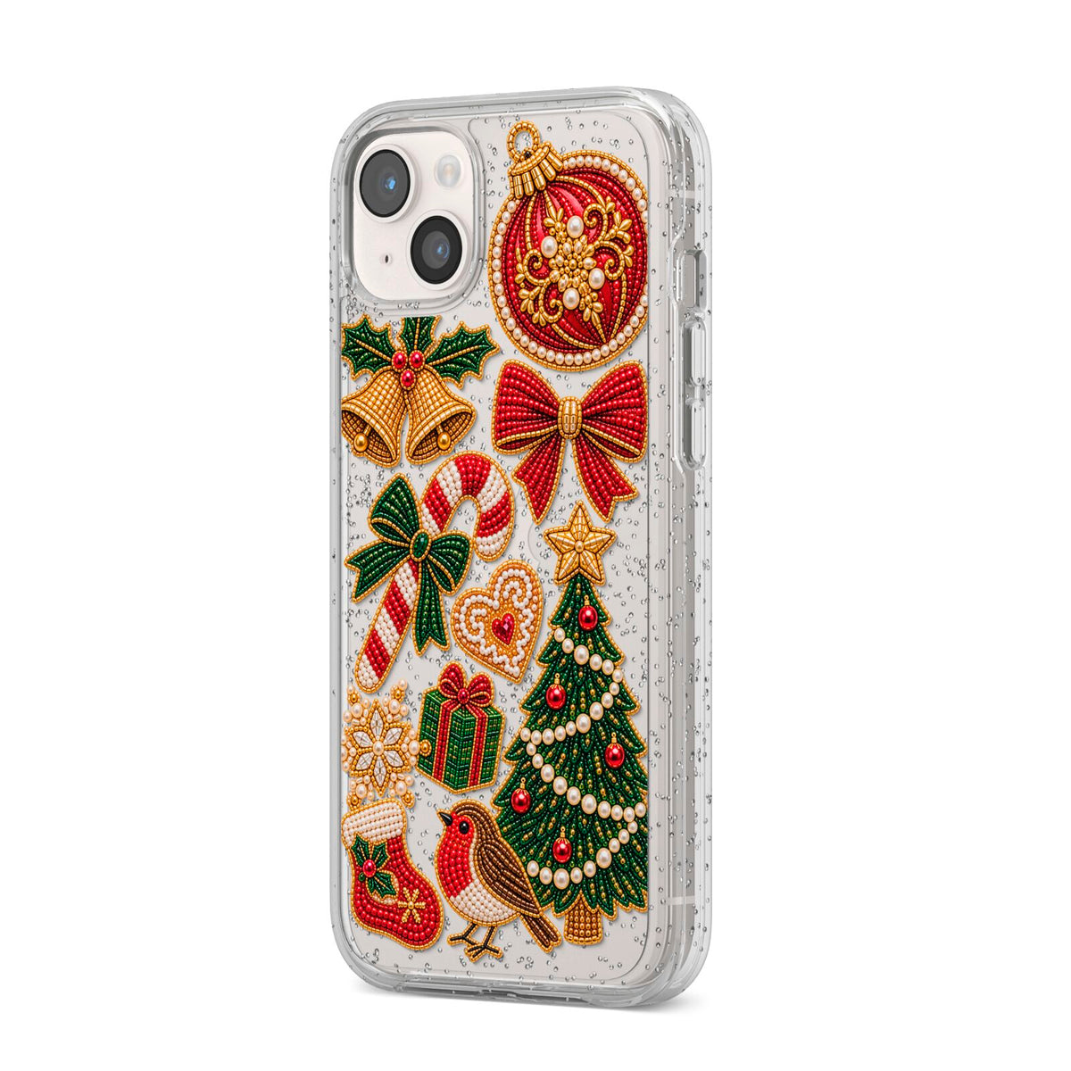 Christmas Keepsakes Charms iPhone 14 Plus Glitter Tough Case Starlight Angled Image