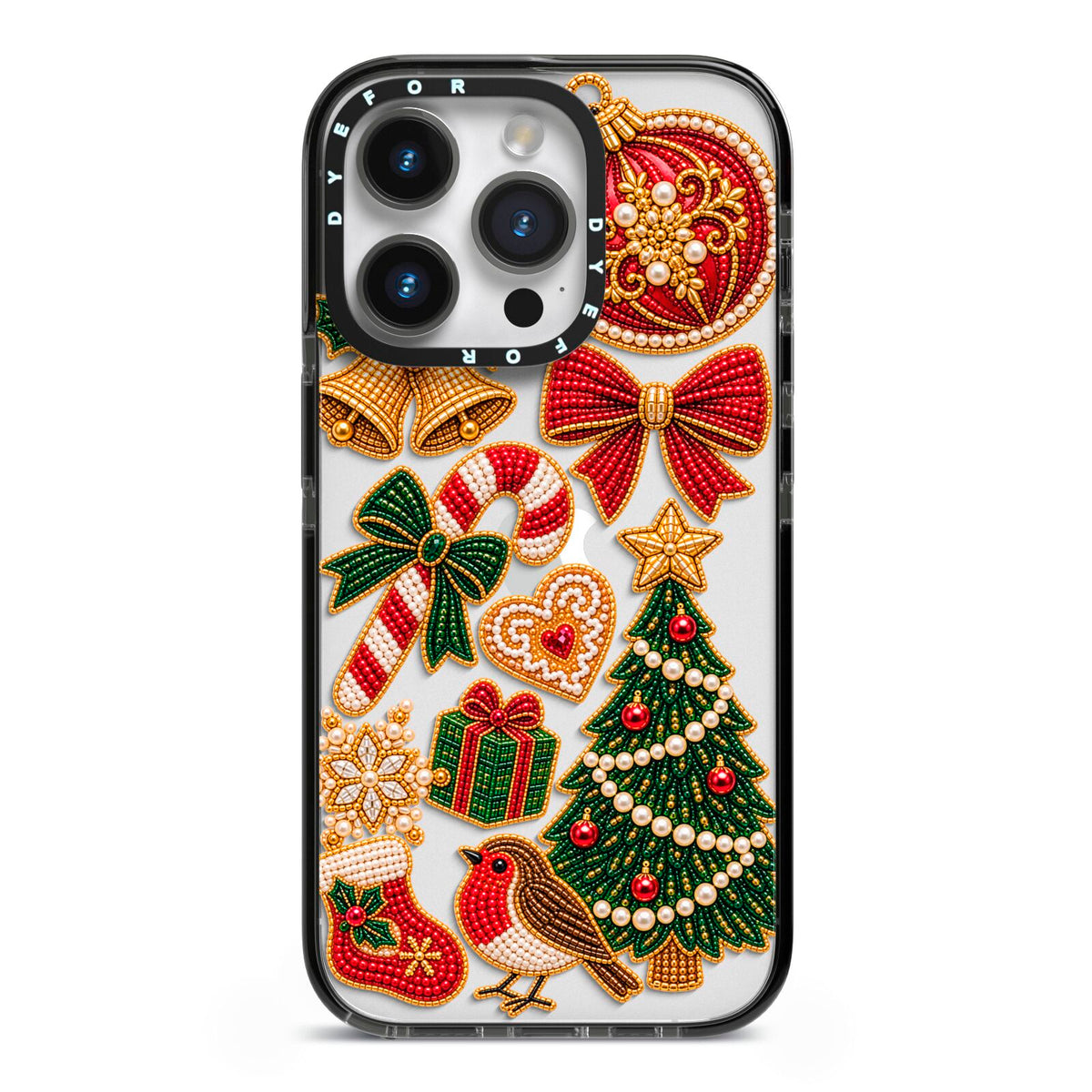 Christmas Keepsakes Charms iPhone 14 Pro Black Impact Case on Silver phone