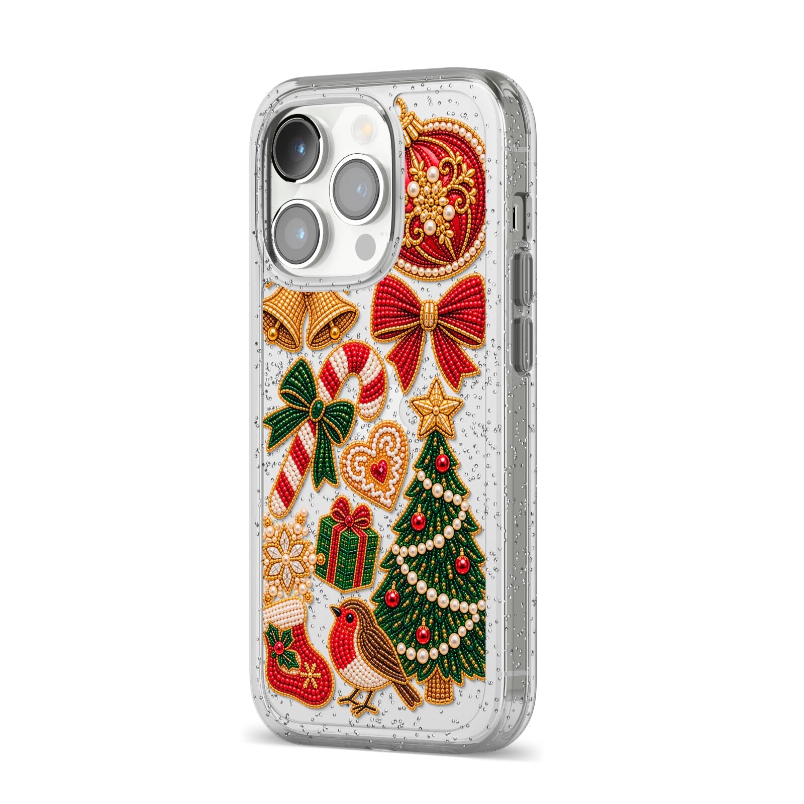 Christmas Keepsakes Charms iPhone 14 Pro Glitter Tough Case Silver Angled Image