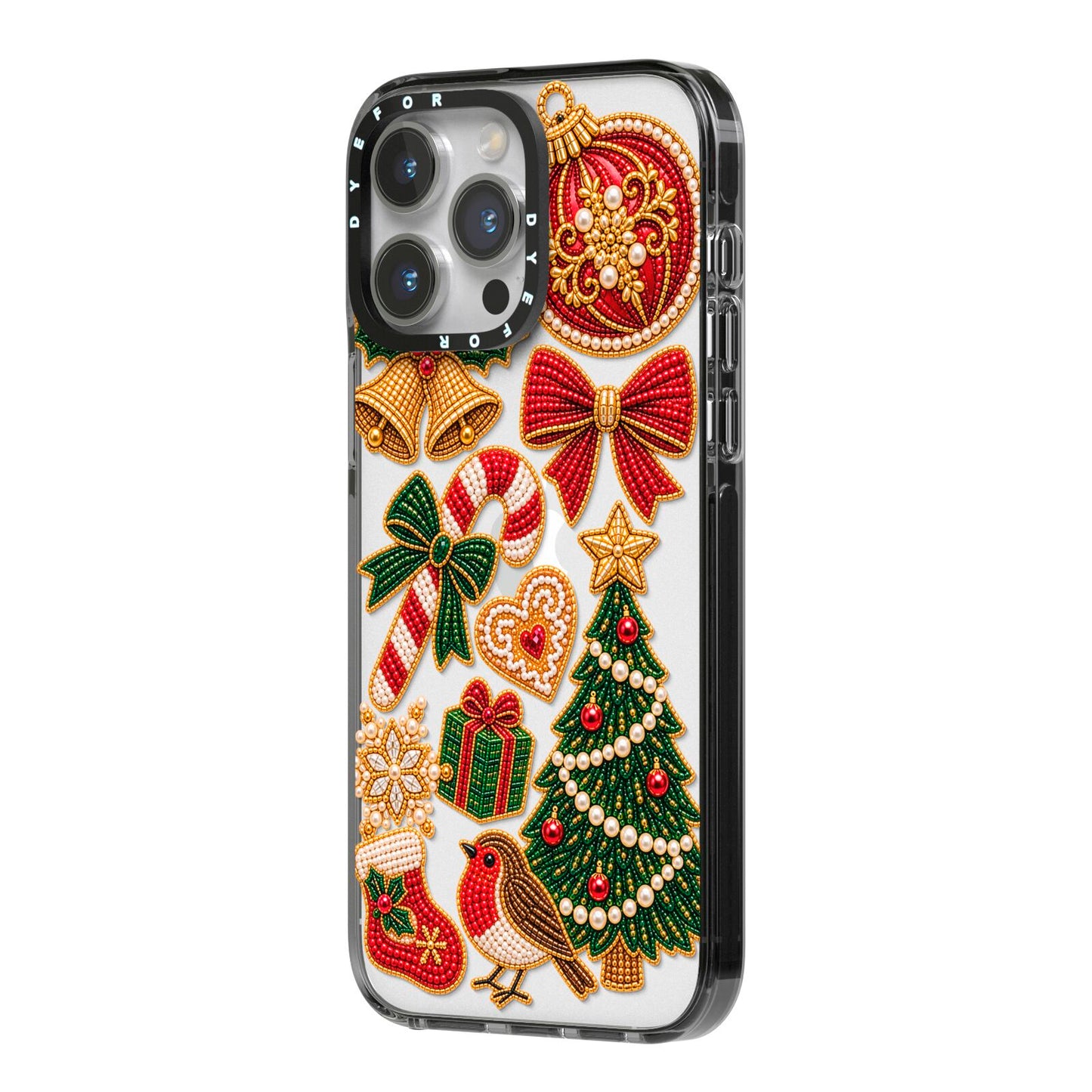 Christmas Keepsakes Charms iPhone 14 Pro Max Black Impact Case Side Angle on Silver phone