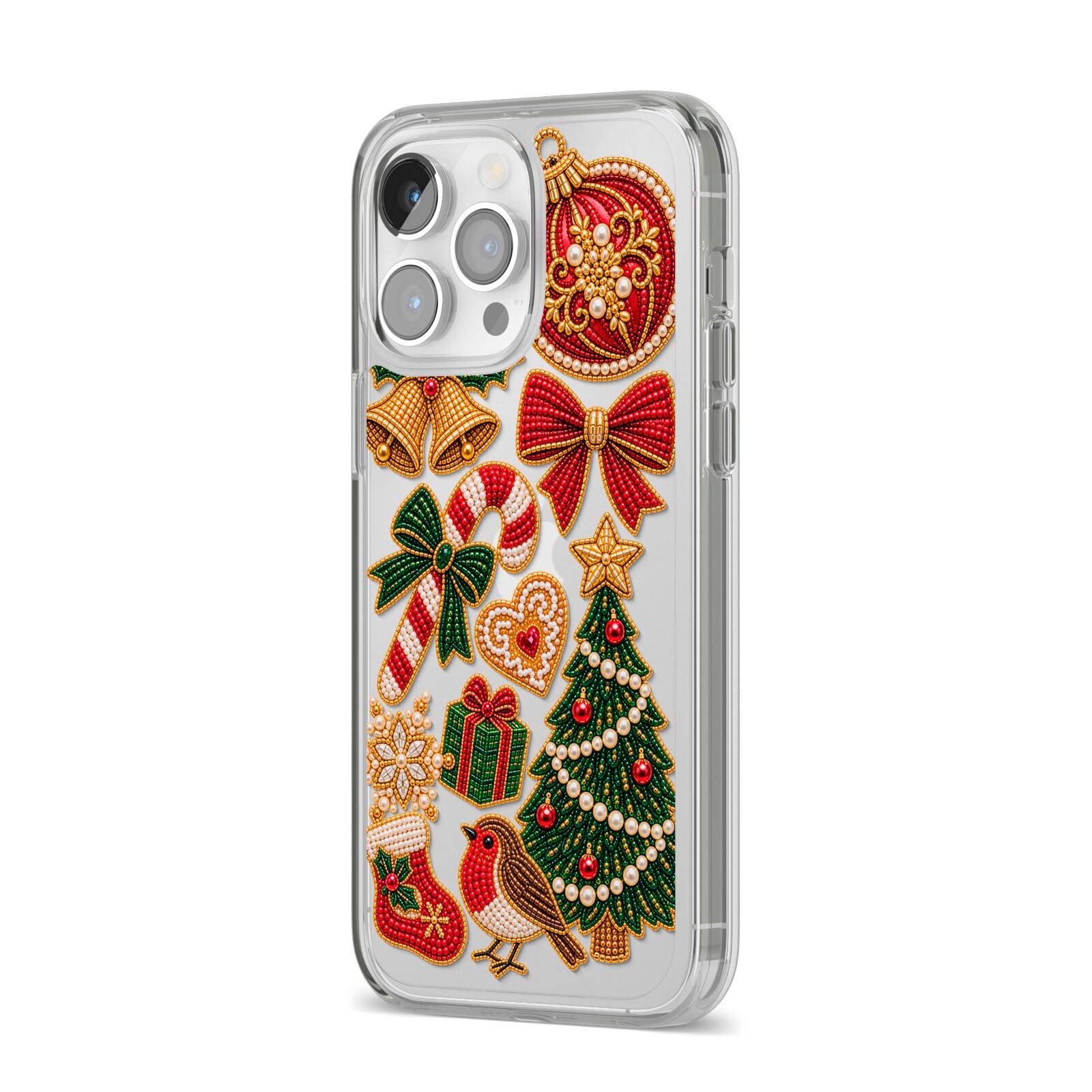 Christmas Keepsakes Charms iPhone 14 Pro Max Clear Tough Case Silver Angled Image