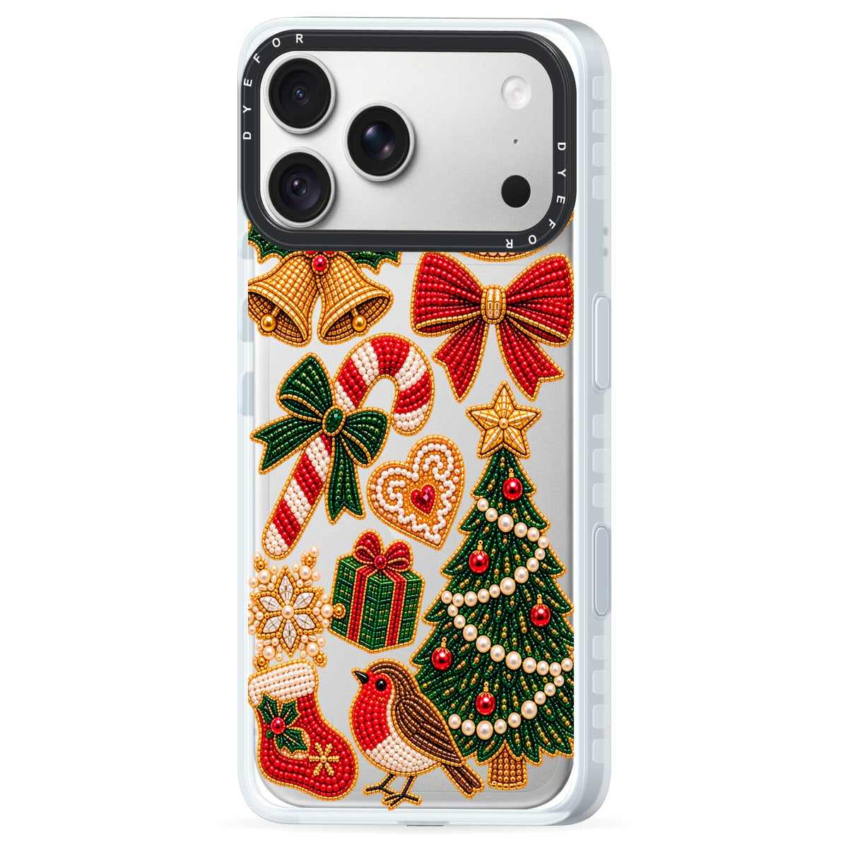 Christmas Keepsakes Charms iPhone 18 Pro Max Black Impact Pre order Case Side Angle on Silver phone