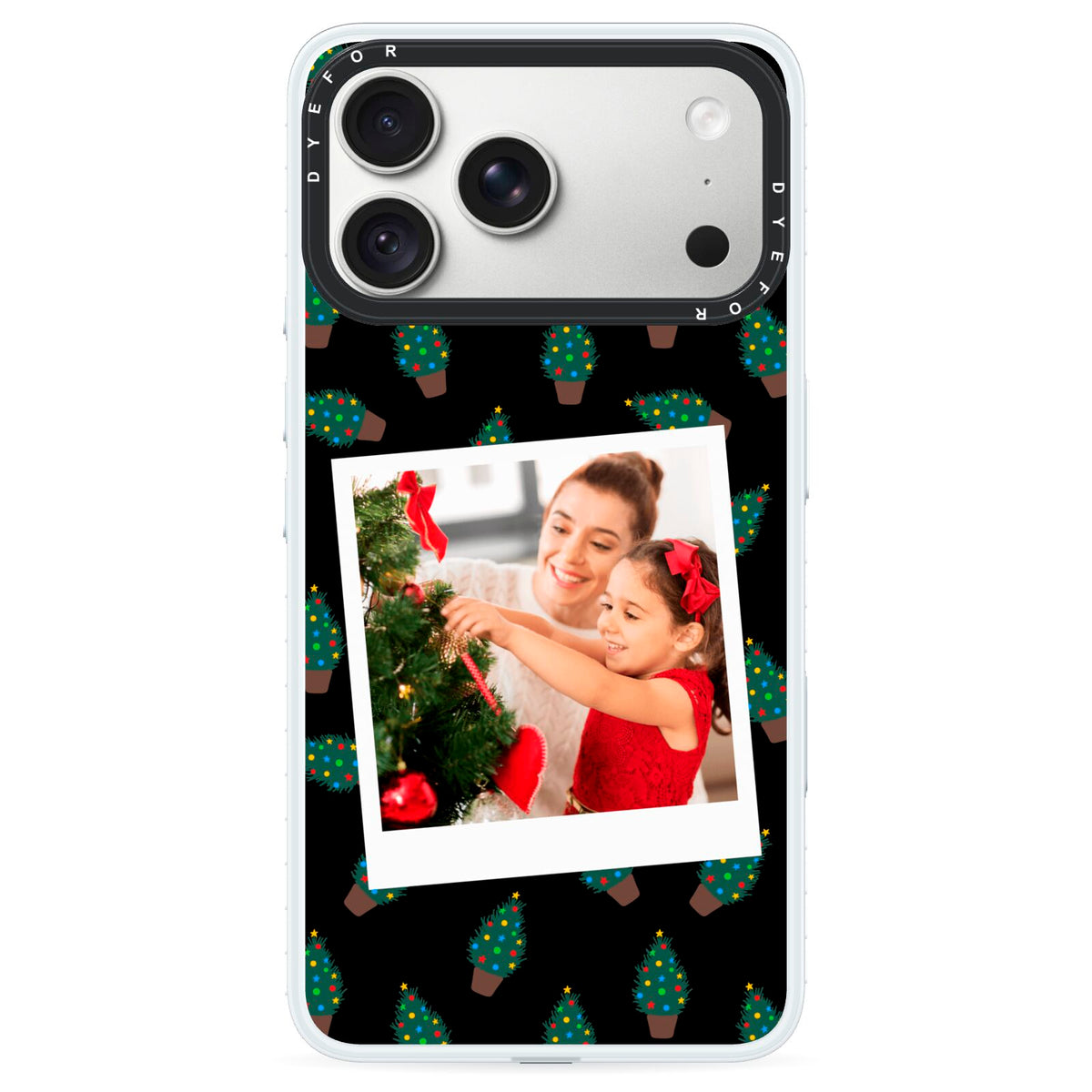 Christmas Tree Polaroid Photo iPhone 18 Pro Black Impact Pre order Case on Silver phone