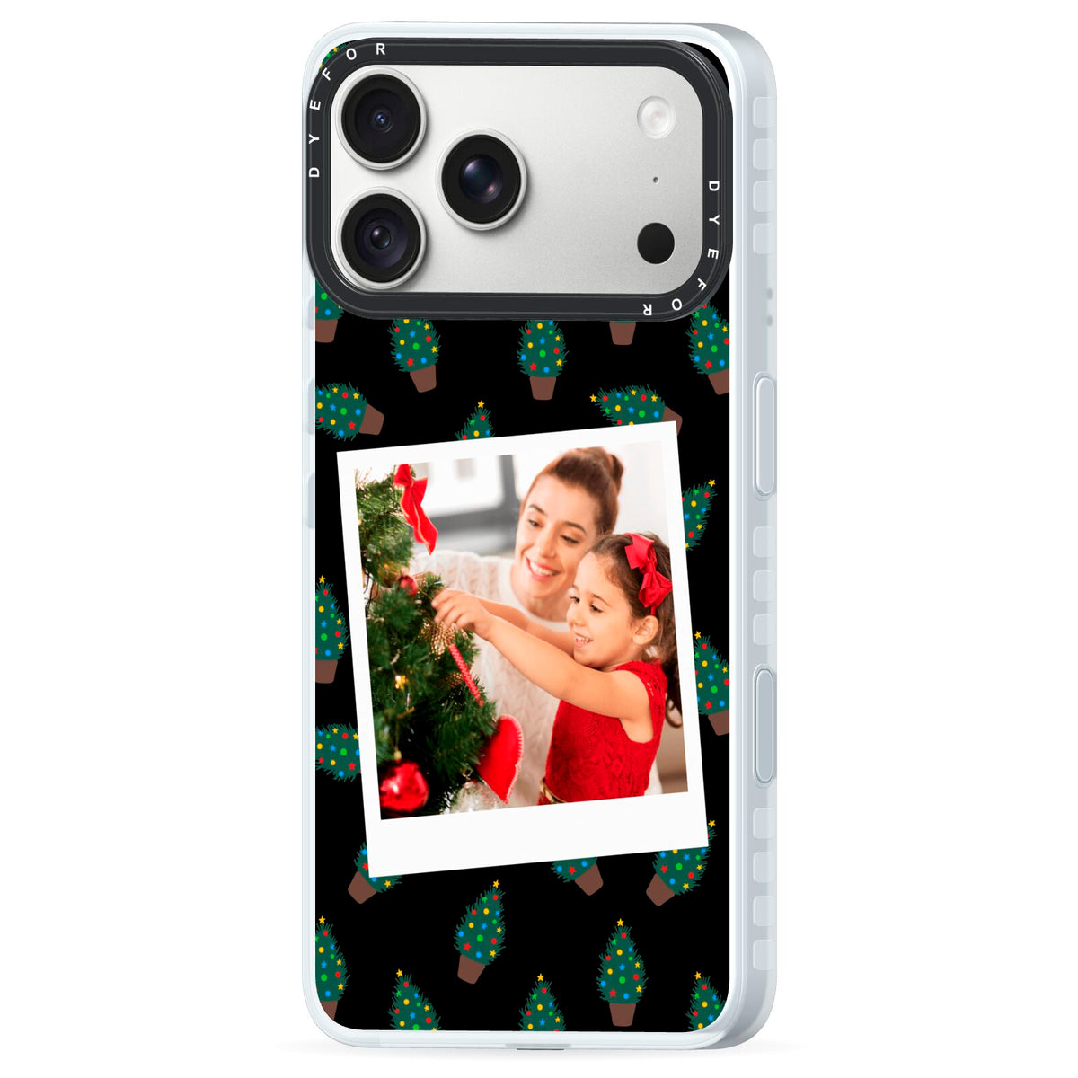 Christmas Tree Polaroid Photo iPhone 18 Pro Max Black Impact Pre order Case Side Angle on Silver phone