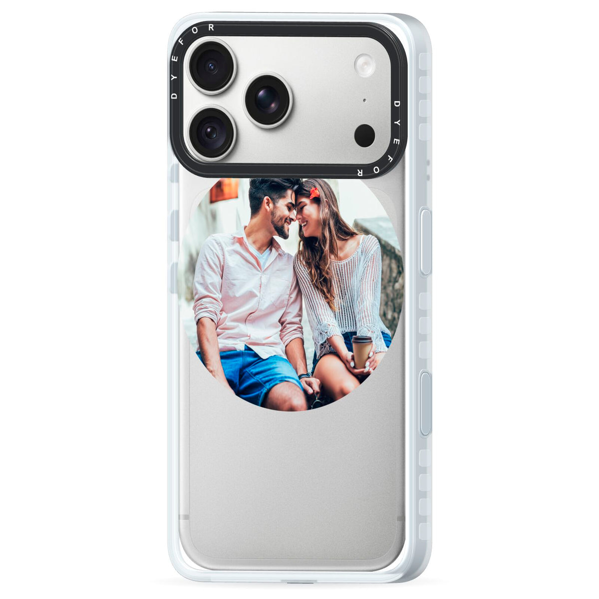 Circle Photo Upload iPhone 18 Pro Black Impact Pre order Case Side Angle on Silver phone