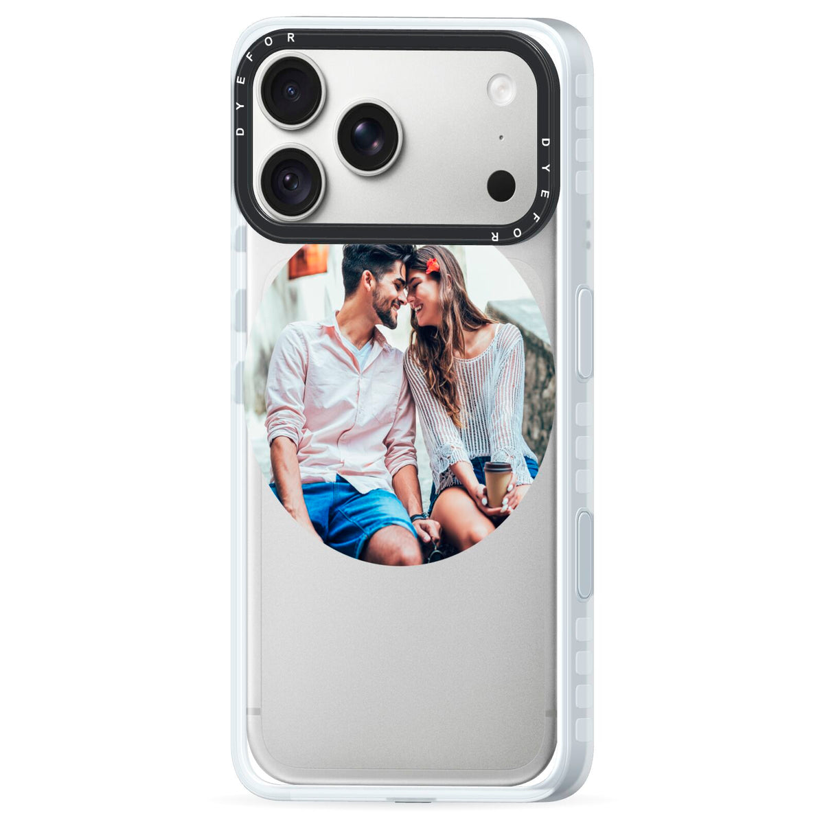 Circle Photo Upload iPhone 18 Pro Max Black Impact Pre order Case Side Angle on Silver phone