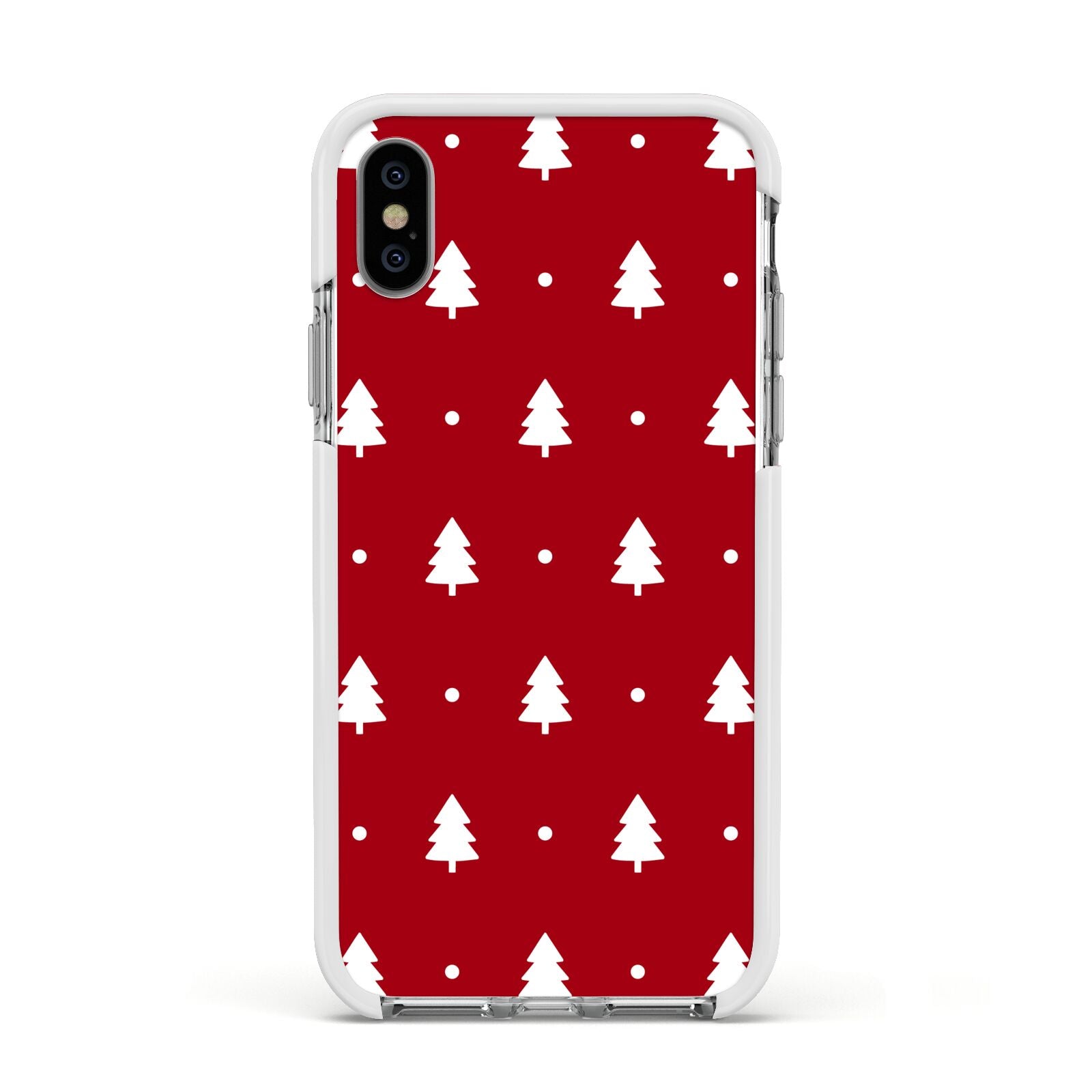 Classic Red Christmas Trees Apple iPhone Xs Impact Case White Edge on Silver Phone