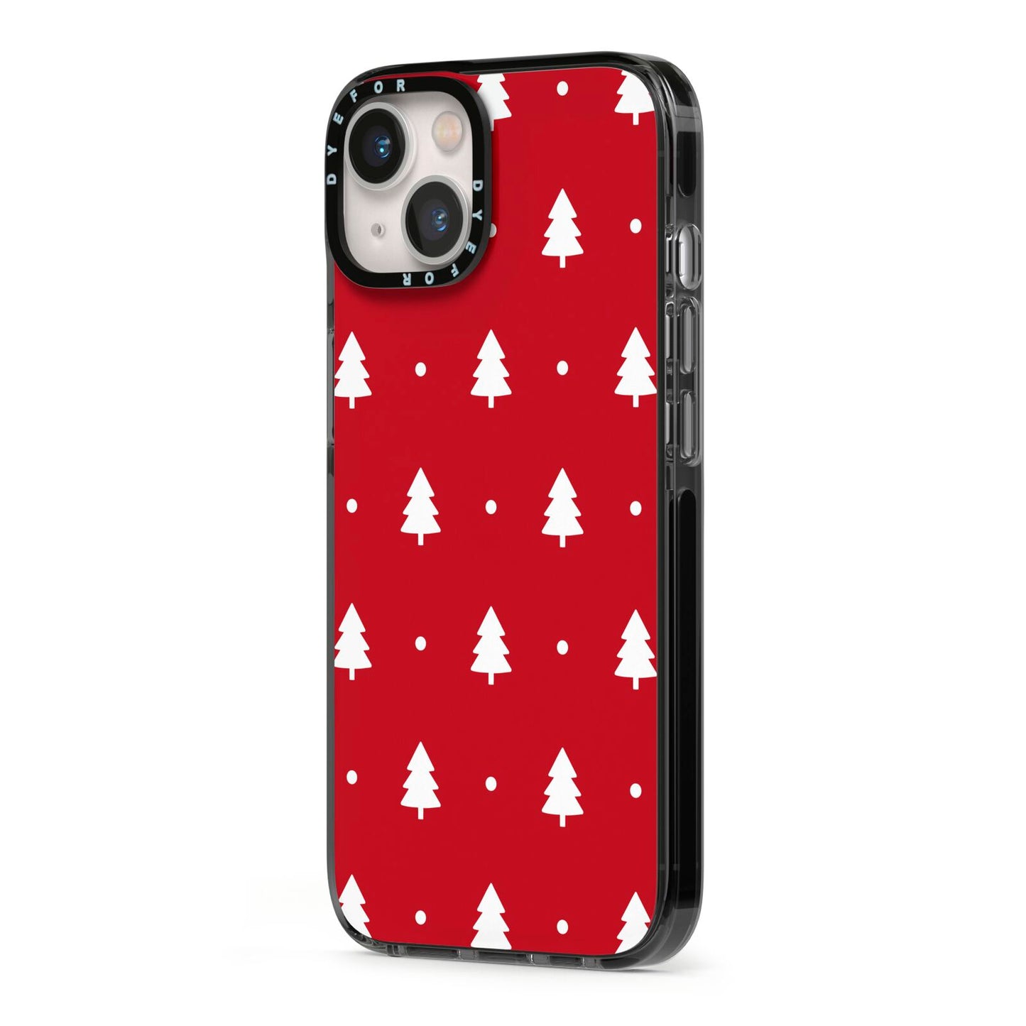 Classic Red Christmas Trees iPhone 13 Black Impact Case Side Angle on Silver phone