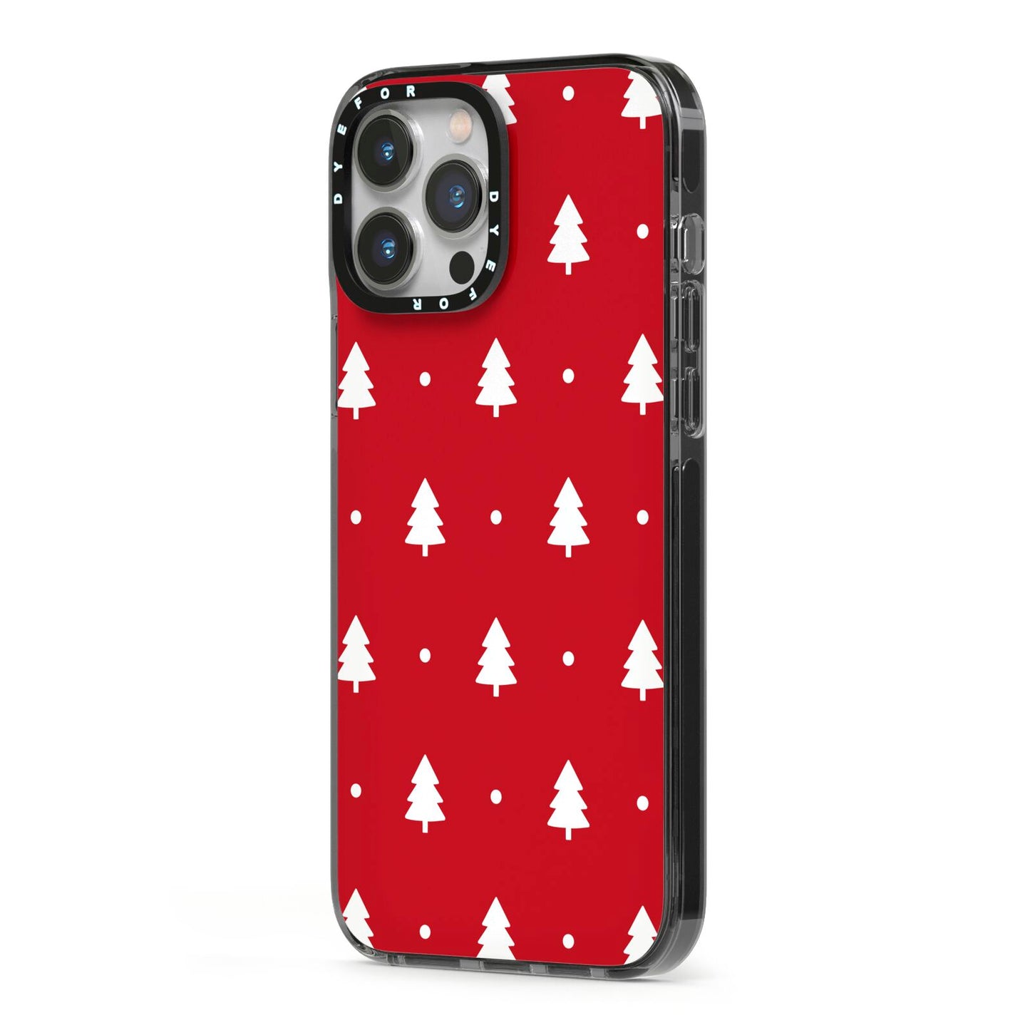 Classic Red Christmas Trees iPhone 13 Pro Max Black Impact Case Side Angle on Silver phone