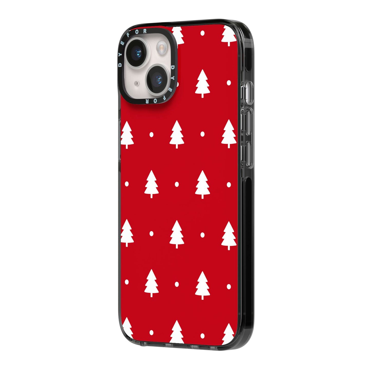 Classic Red Christmas Trees iPhone 14 Black Impact Case Side Angle on Silver phone