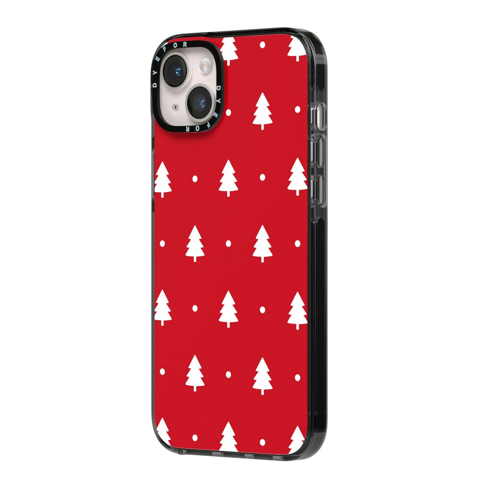 Classic Red Christmas Trees iPhone 14 Plus Black Impact Case Side Angle on Silver phone