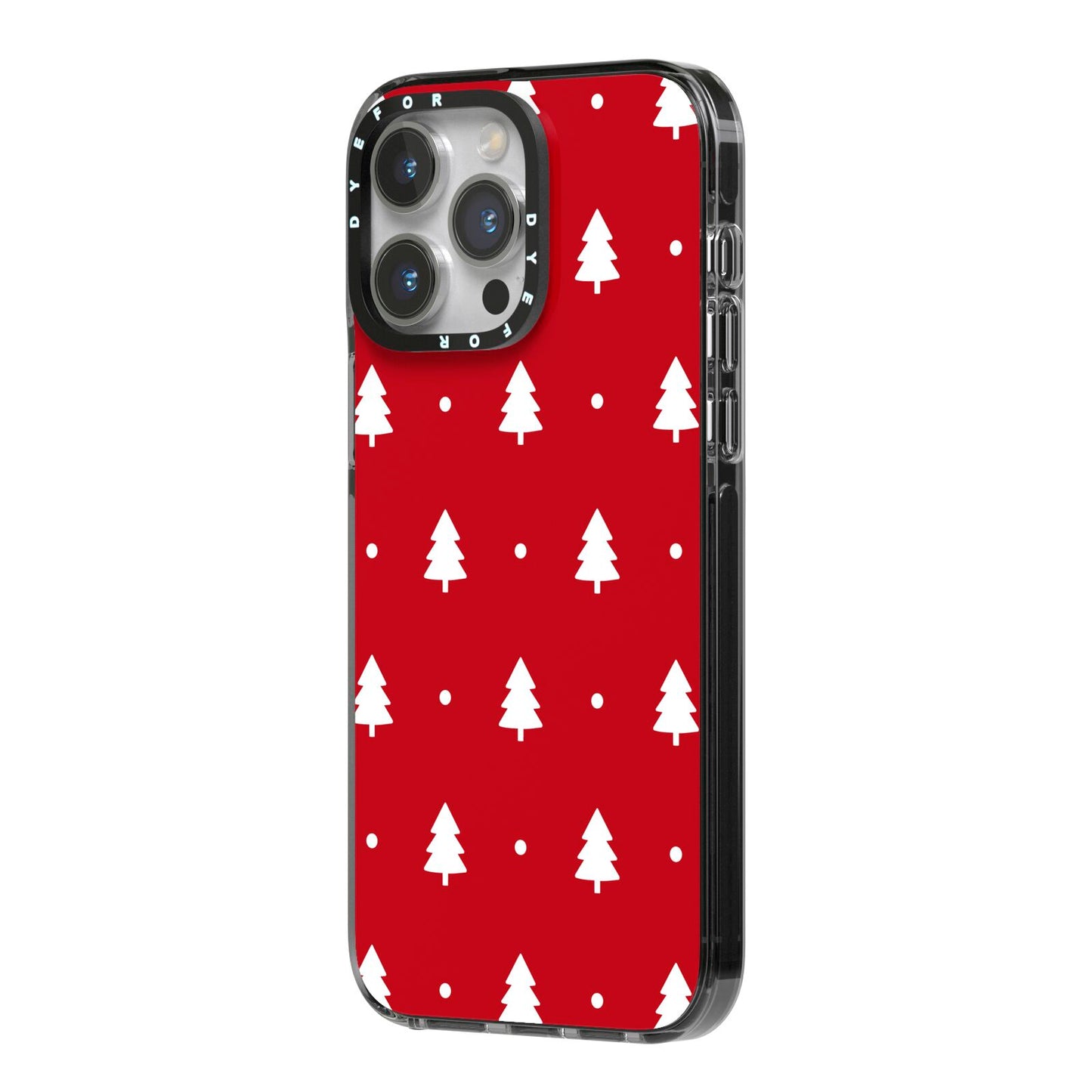 Classic Red Christmas Trees iPhone 14 Pro Max Black Impact Case Side Angle on Silver phone