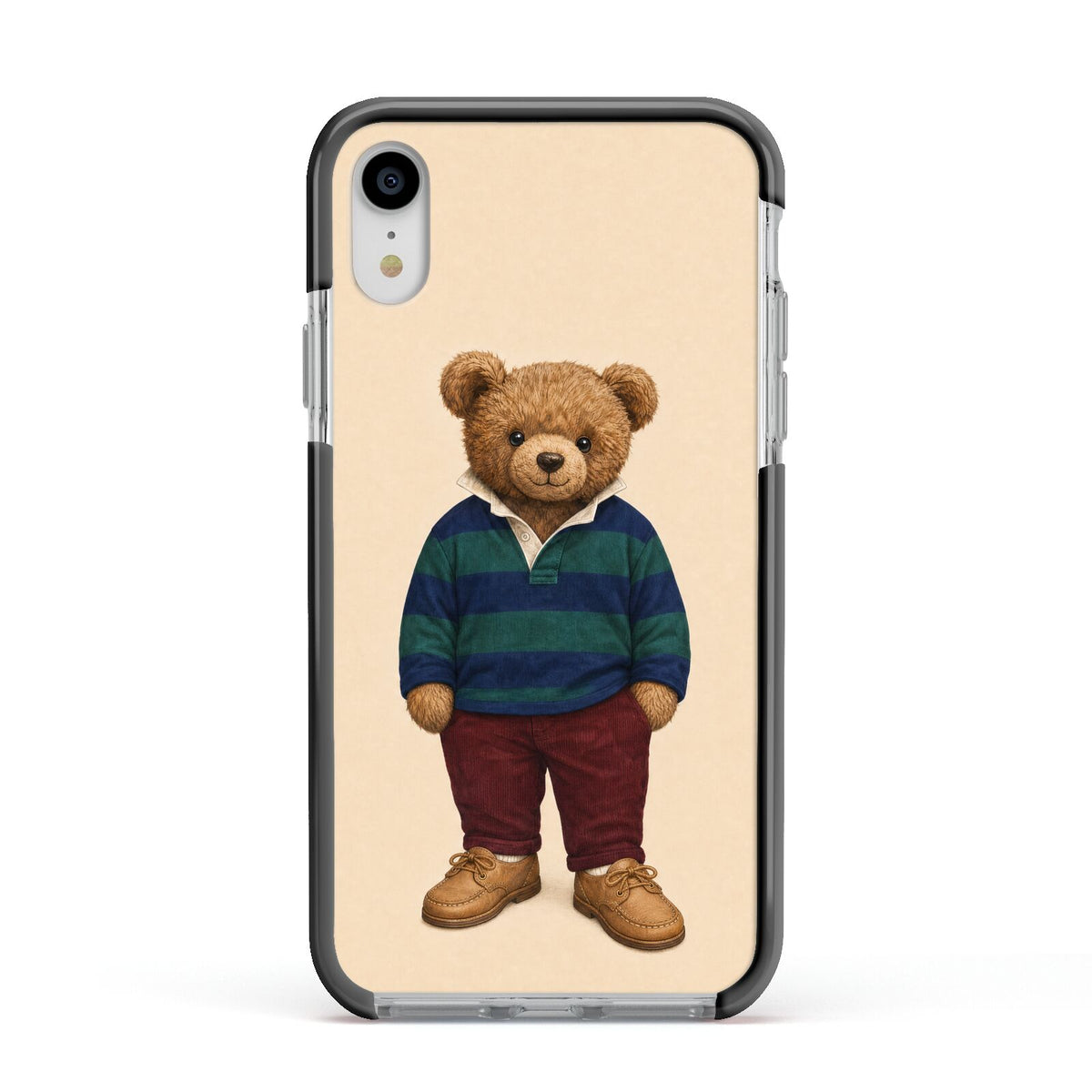 Clubhouse Teddy Apple iPhone XR Impact Case Black Edge on Silver Phone