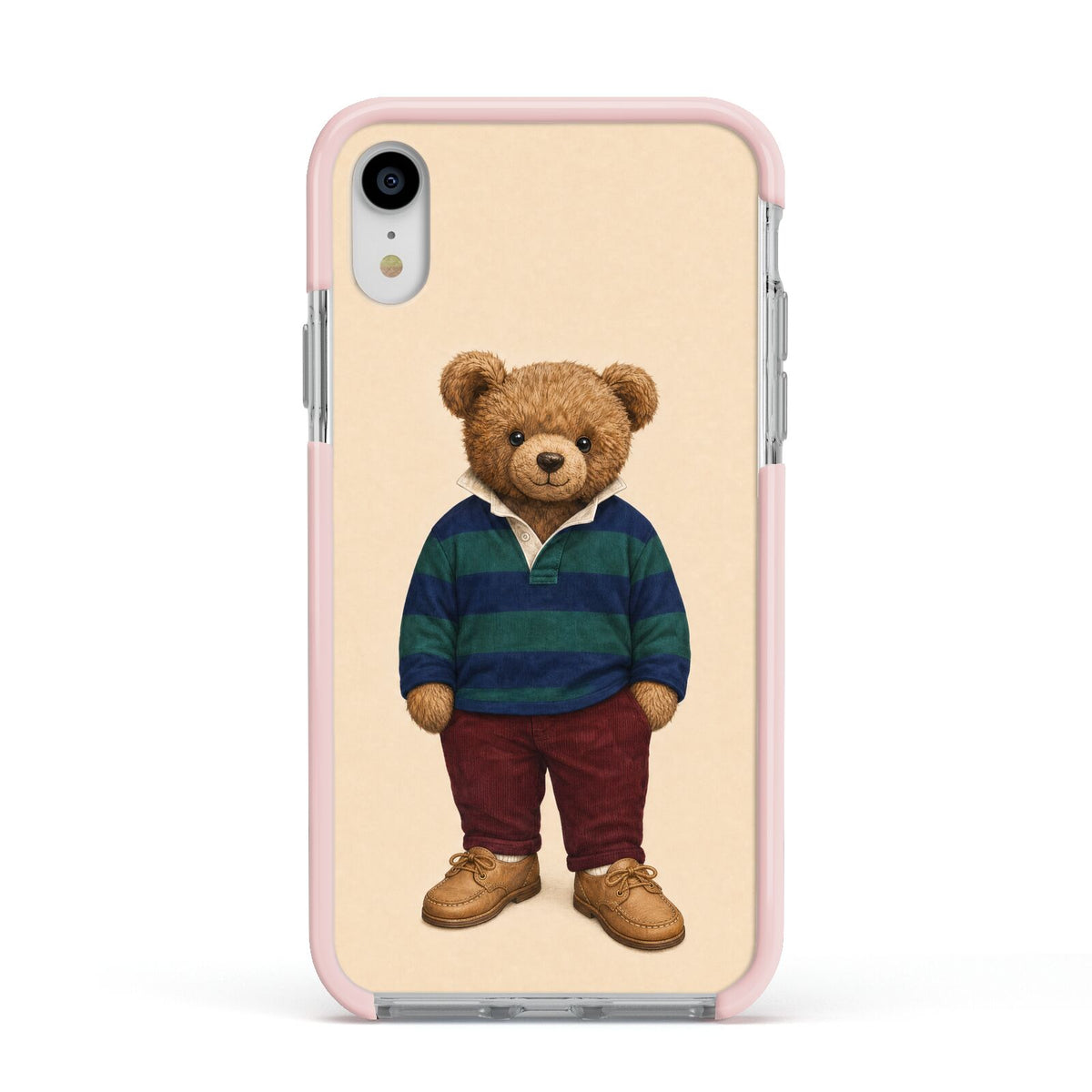 Clubhouse Teddy Apple iPhone XR Impact Case Pink Edge on Silver Phone