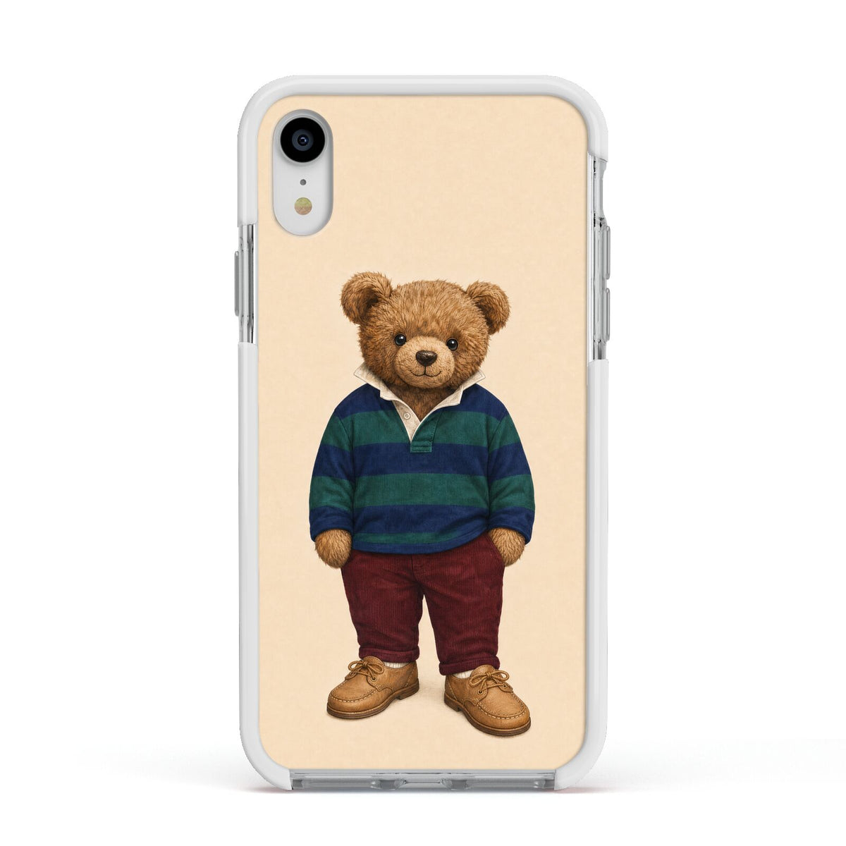 Clubhouse Teddy Apple iPhone XR Impact Case White Edge on Silver Phone