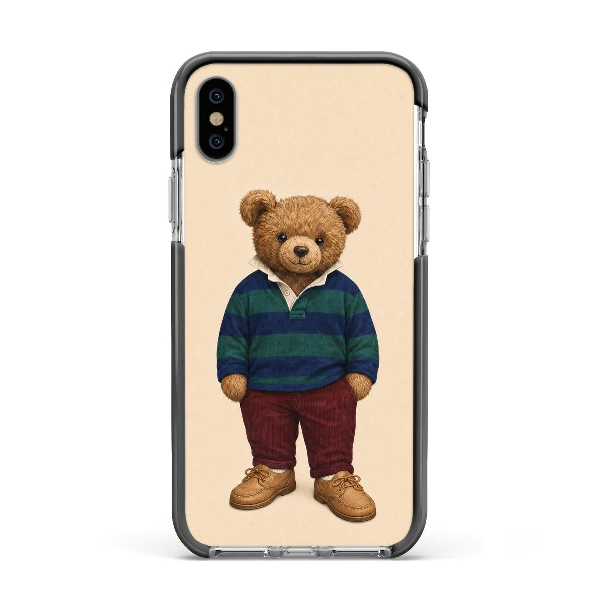 Clubhouse Teddy Apple iPhone Xs Impact Case Black Edge on Silver Phone