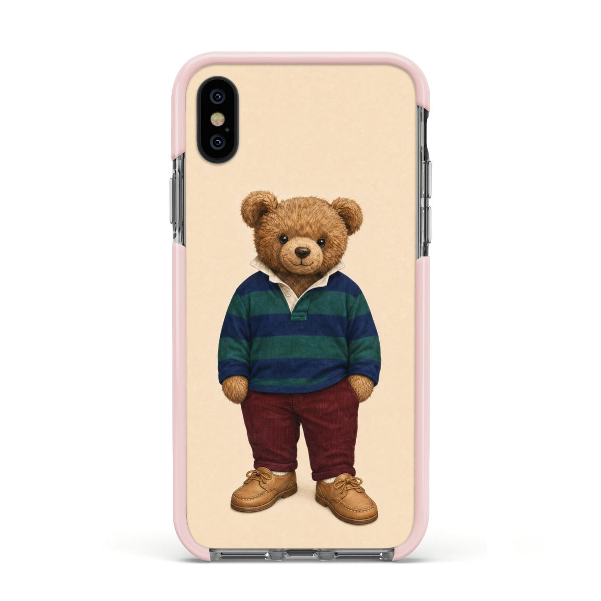 Clubhouse Teddy Apple iPhone Xs Impact Case Pink Edge on Black Phone