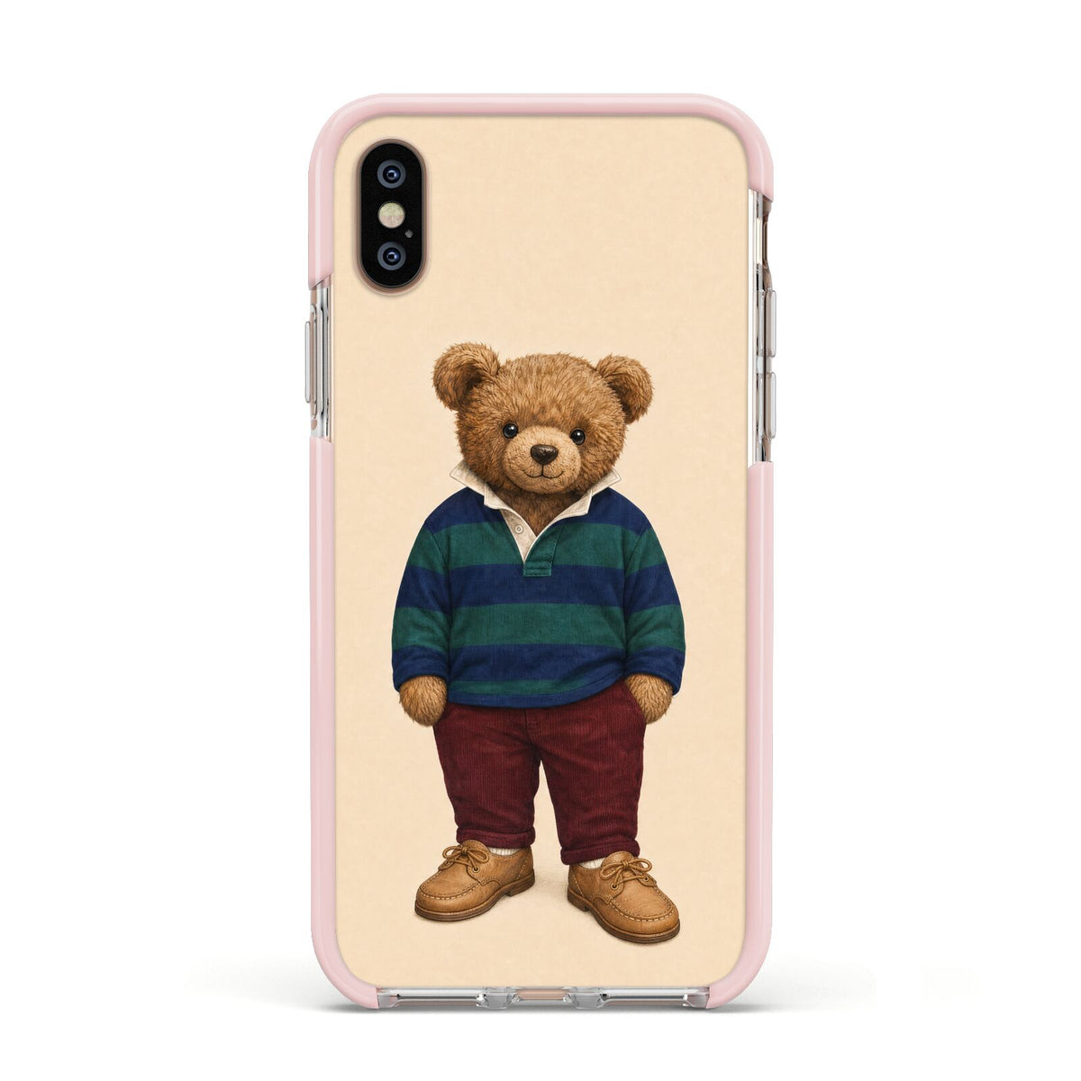Clubhouse Teddy Apple iPhone Xs Impact Case Pink Edge on Gold Phone