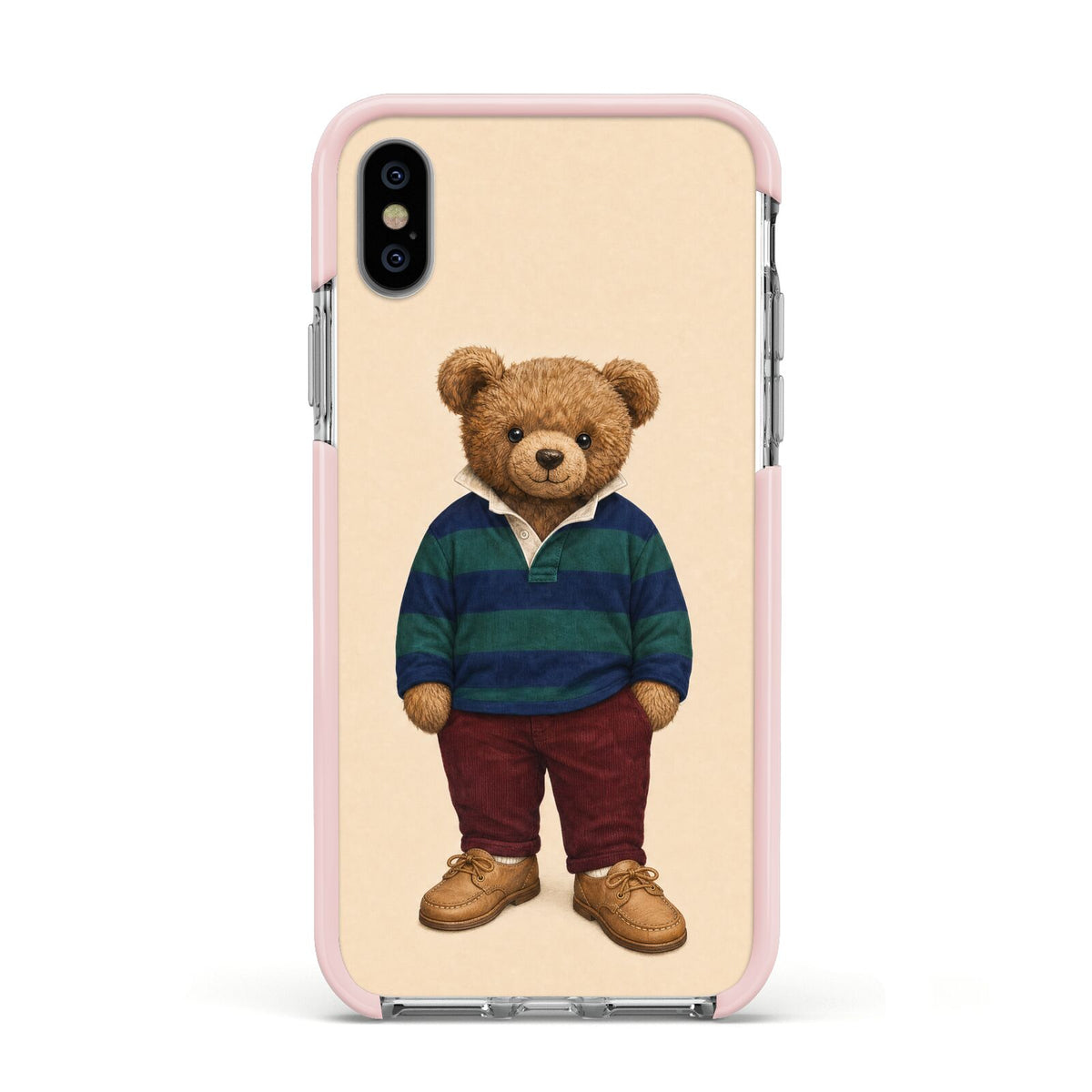 Clubhouse Teddy Apple iPhone Xs Impact Case Pink Edge on Silver Phone