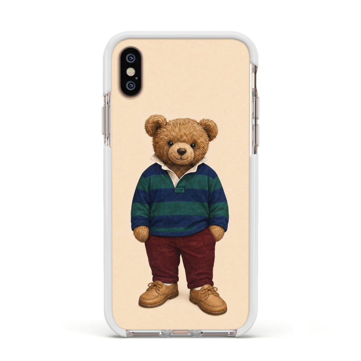 Clubhouse Teddy Apple iPhone Xs Impact Case White Edge on Gold Phone