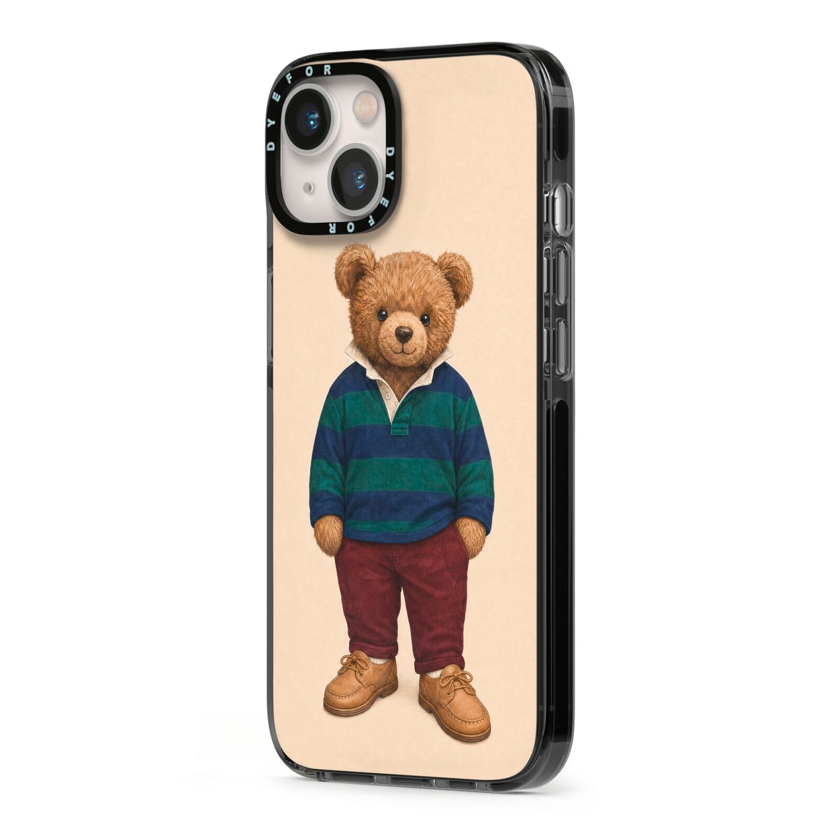 Clubhouse Teddy iPhone 13 Black Impact Case Side Angle on Silver phone
