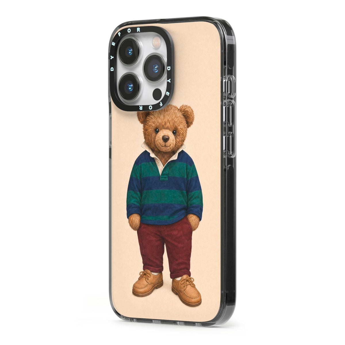 Clubhouse Teddy iPhone 13 Pro Black Impact Case Side Angle on Silver phone
