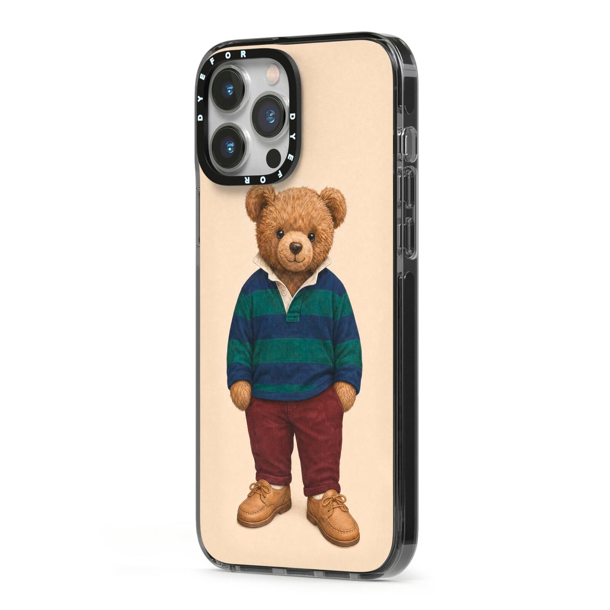 Clubhouse Teddy iPhone 13 Pro Max Black Impact Case Side Angle on Silver phone