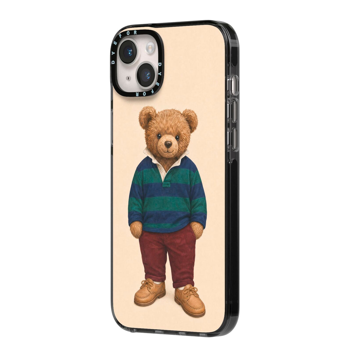 Clubhouse Teddy iPhone 14 Plus Black Impact Case Side Angle on Silver phone