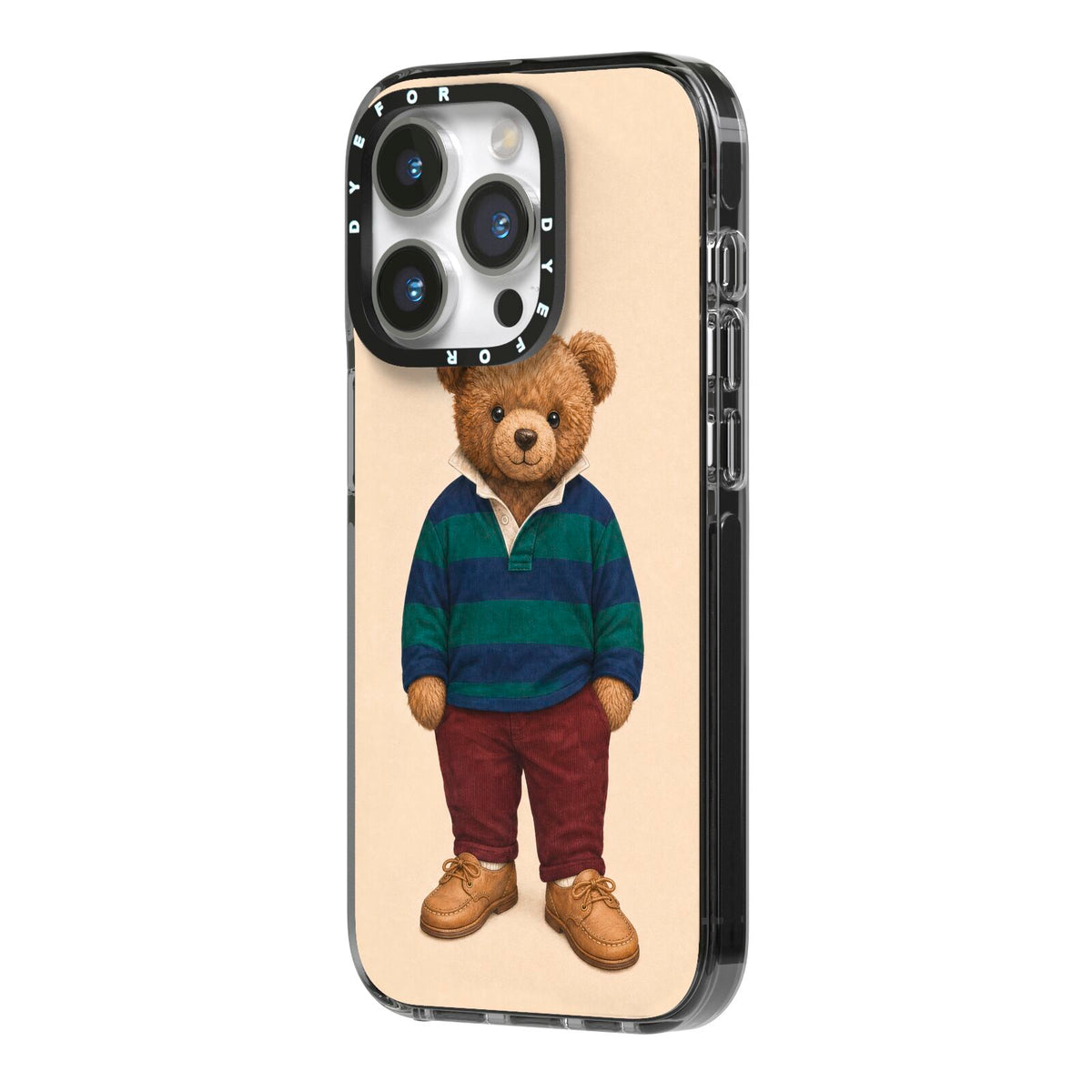 Clubhouse Teddy iPhone 14 Pro Black Impact Case Side Angle on Silver phone