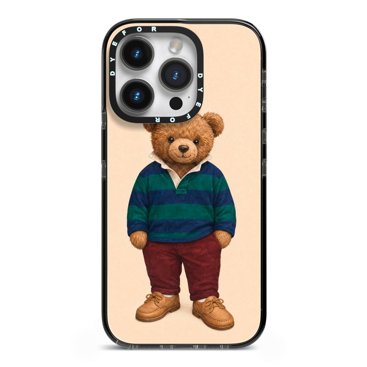 Clubhouse Teddy iPhone 14 Pro Black Impact Case on Silver phone