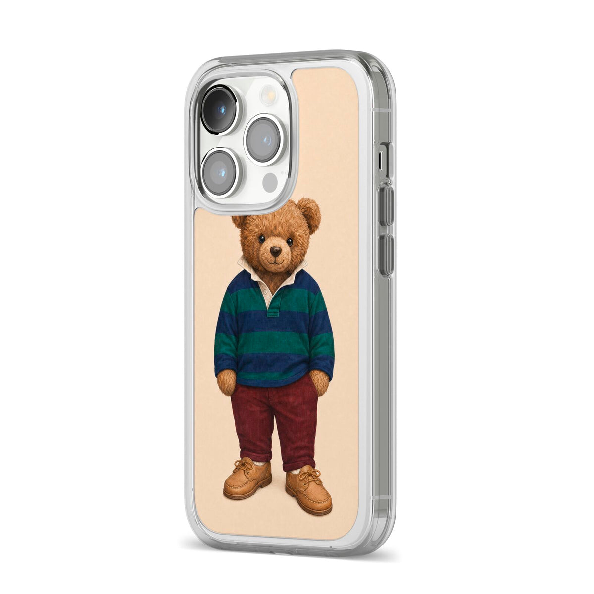 Clubhouse Teddy iPhone 14 Pro Clear Tough Case Silver Angled Image