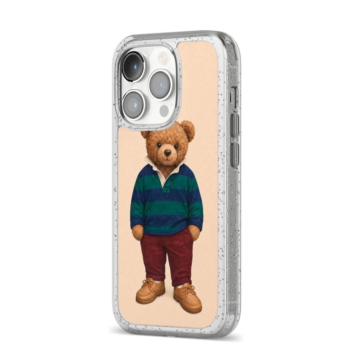 Clubhouse Teddy iPhone 14 Pro Glitter Tough Case Silver Angled Image