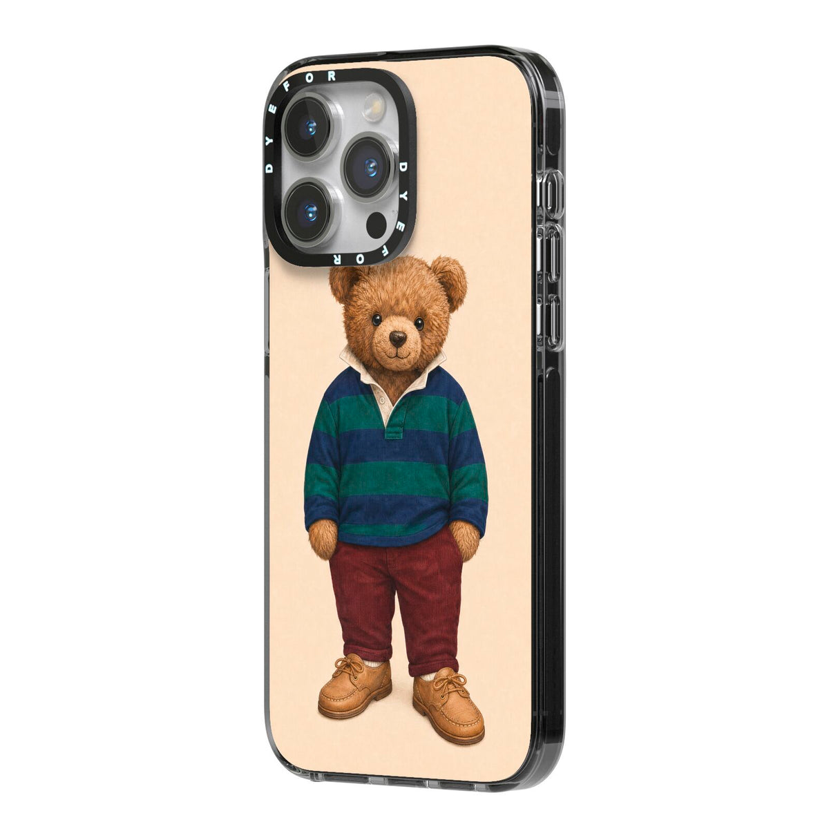 Clubhouse Teddy iPhone 14 Pro Max Black Impact Case Side Angle on Silver phone