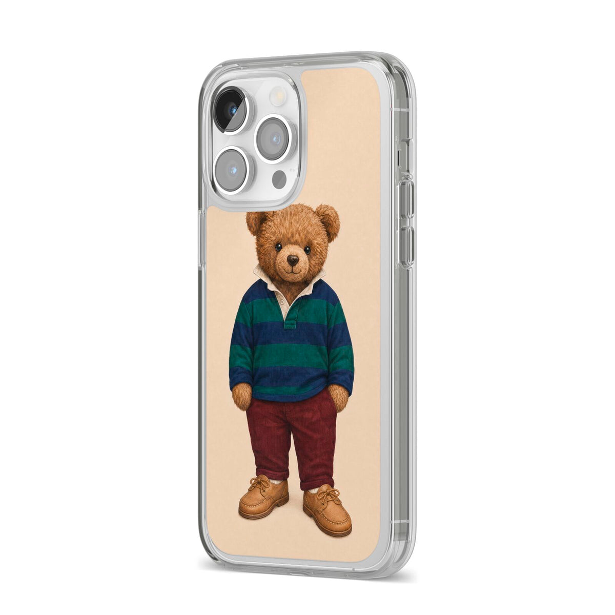 Clubhouse Teddy iPhone 14 Pro Max Clear Tough Case Silver Angled Image