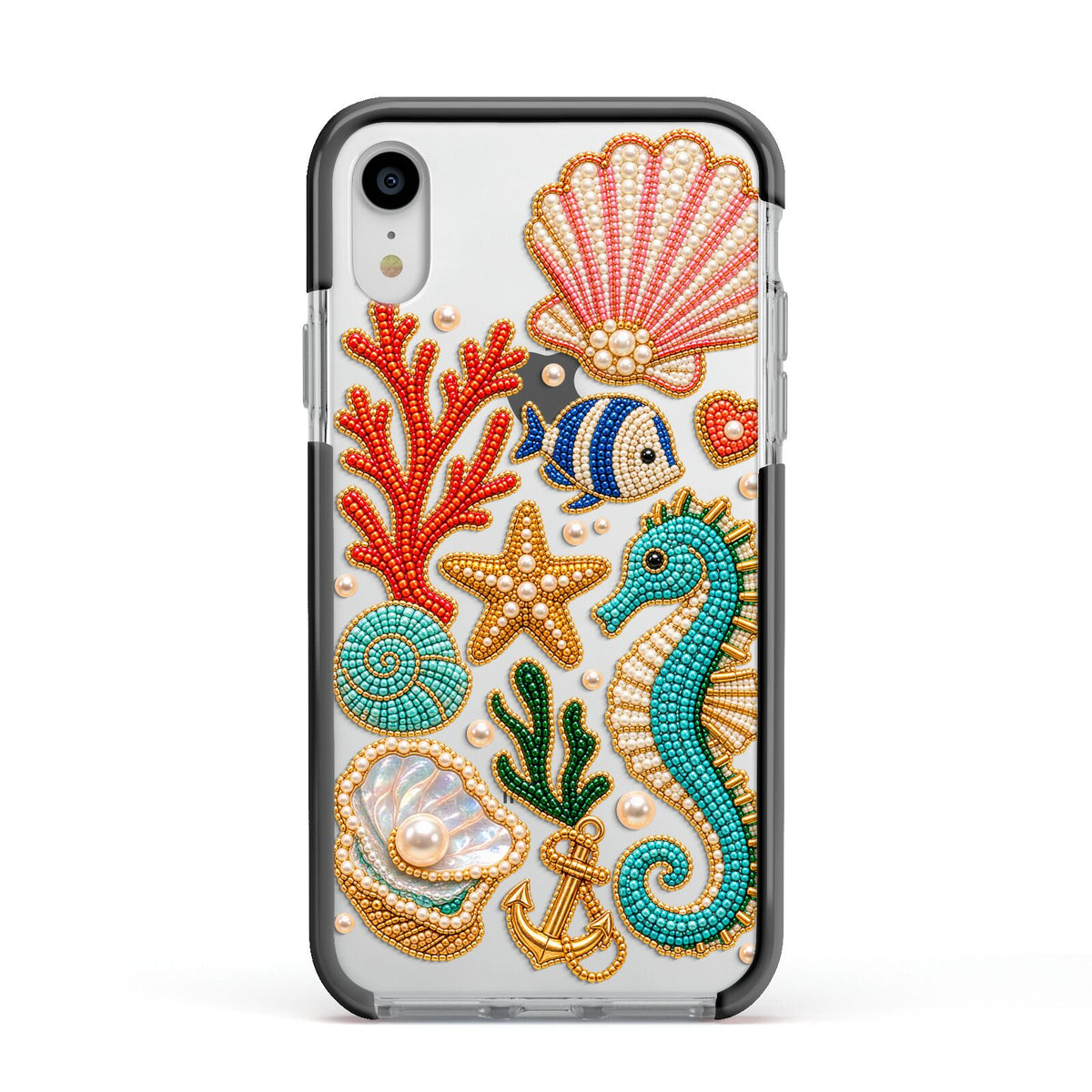 Coastal Treasures Charms Apple iPhone XR Impact Case Black Edge on Silver Phone