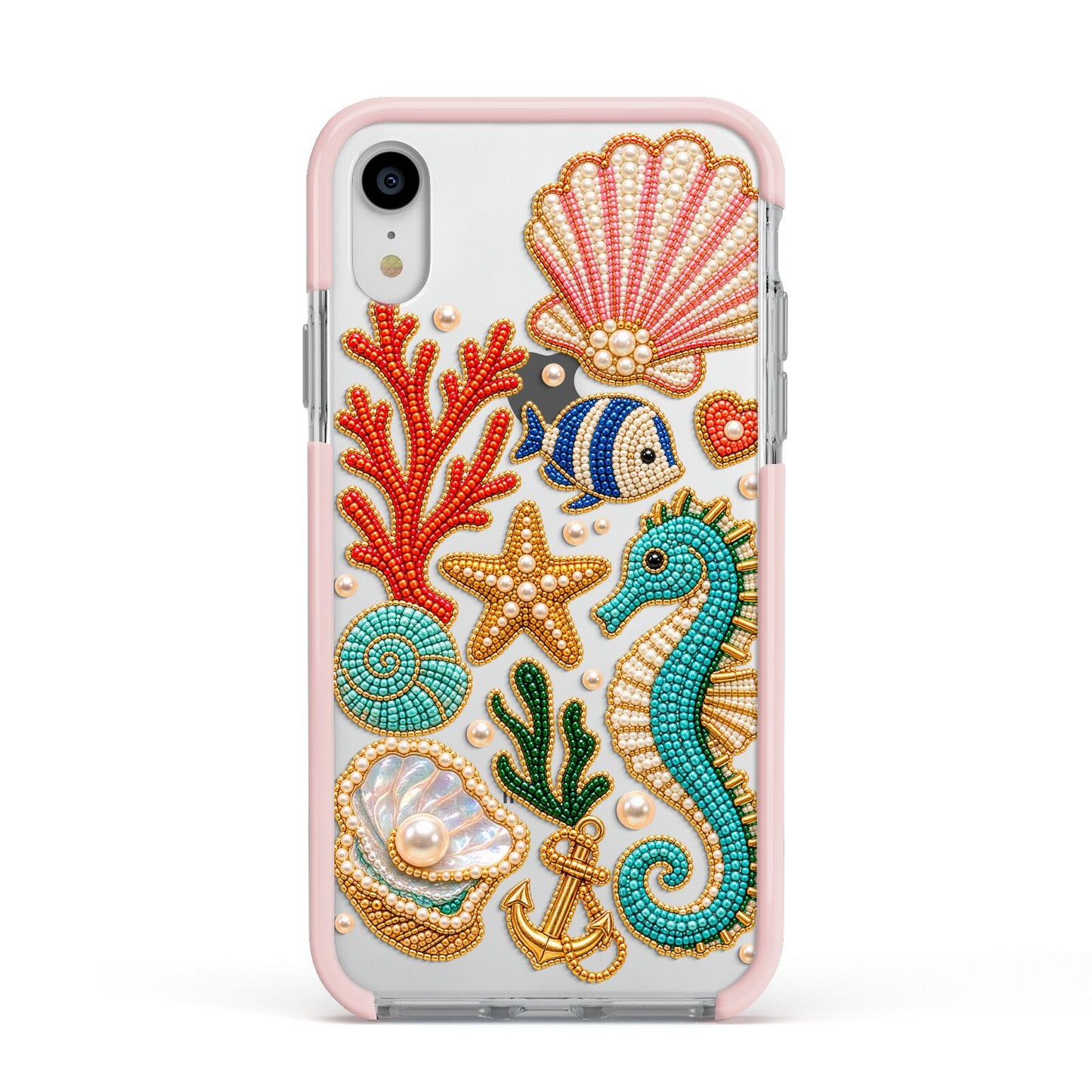 Coastal Treasures Charms Apple iPhone XR Impact Case Pink Edge on Silver Phone