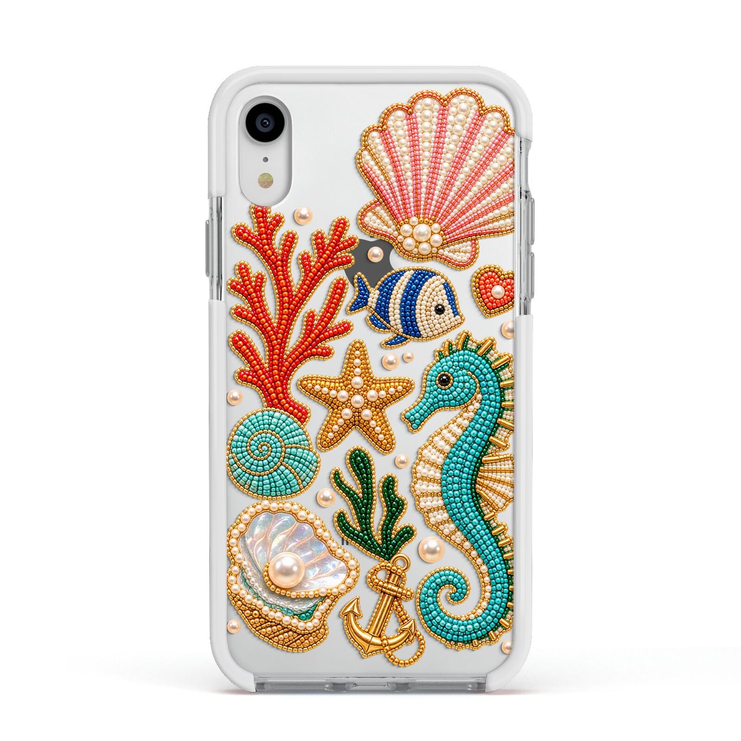 Coastal Treasures Charms Apple iPhone XR Impact Case White Edge on Silver Phone