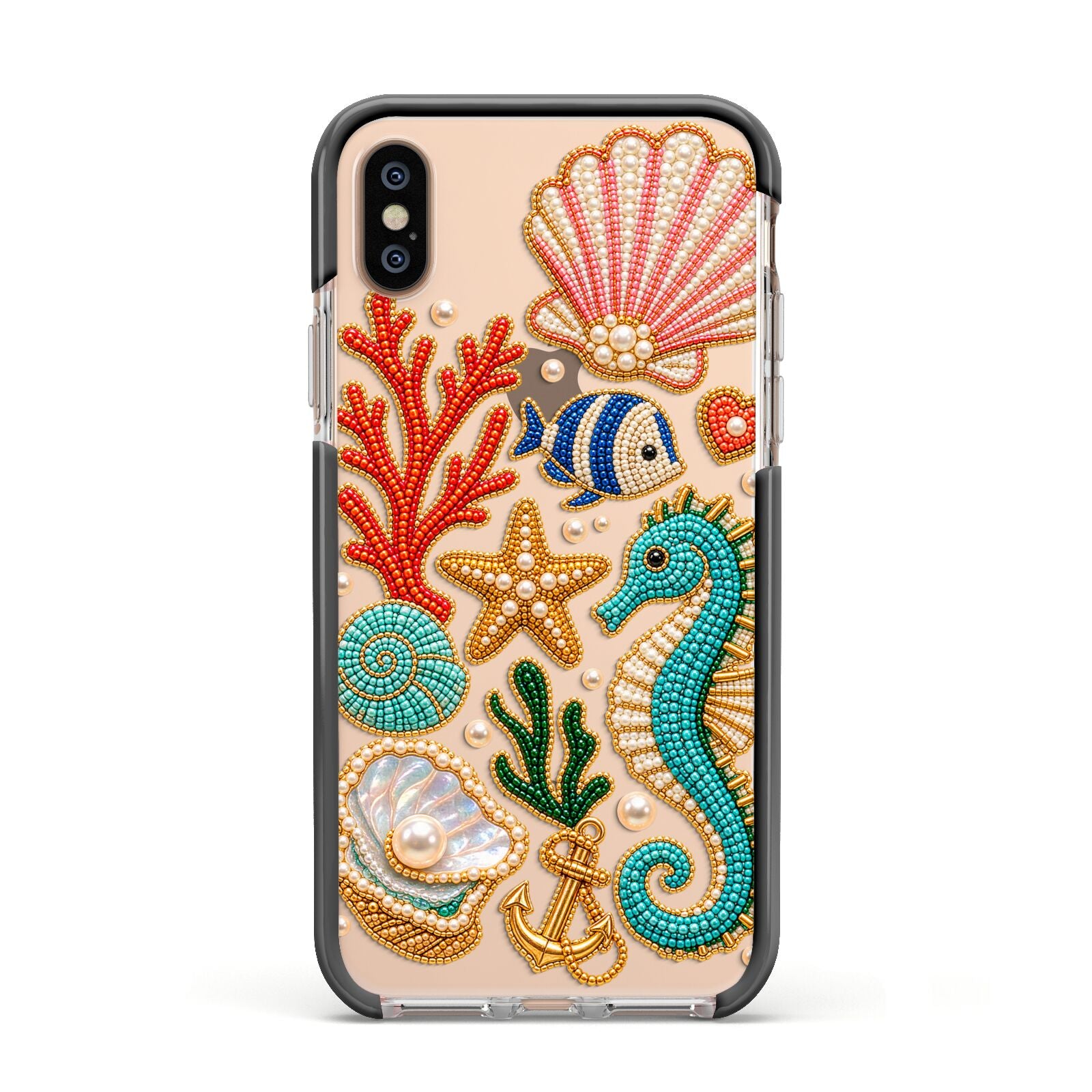 Coastal Treasures Charms Apple iPhone Xs Impact Case Black Edge on Gold Phone