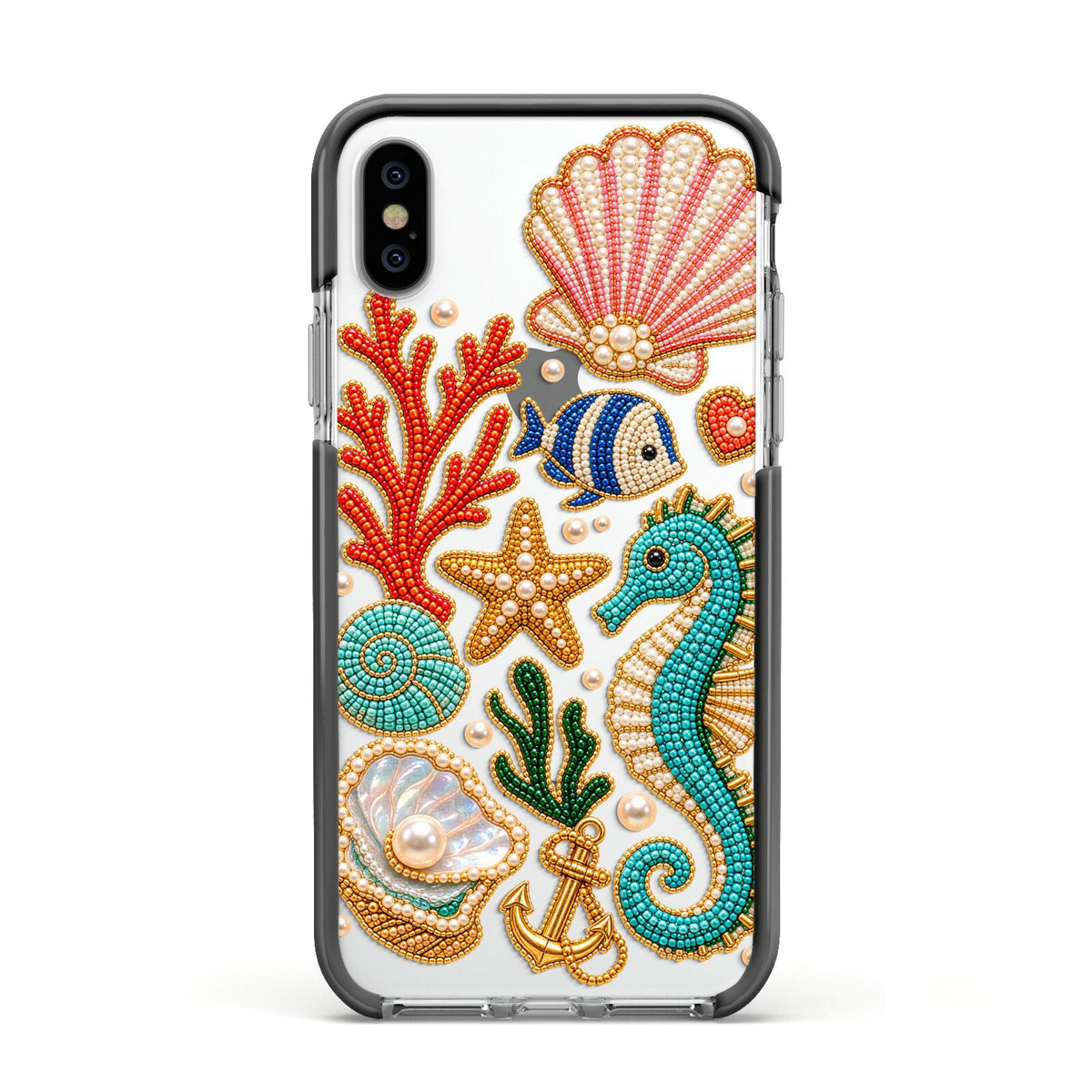 Coastal Treasures Charms Apple iPhone Xs Impact Case Black Edge on Silver Phone