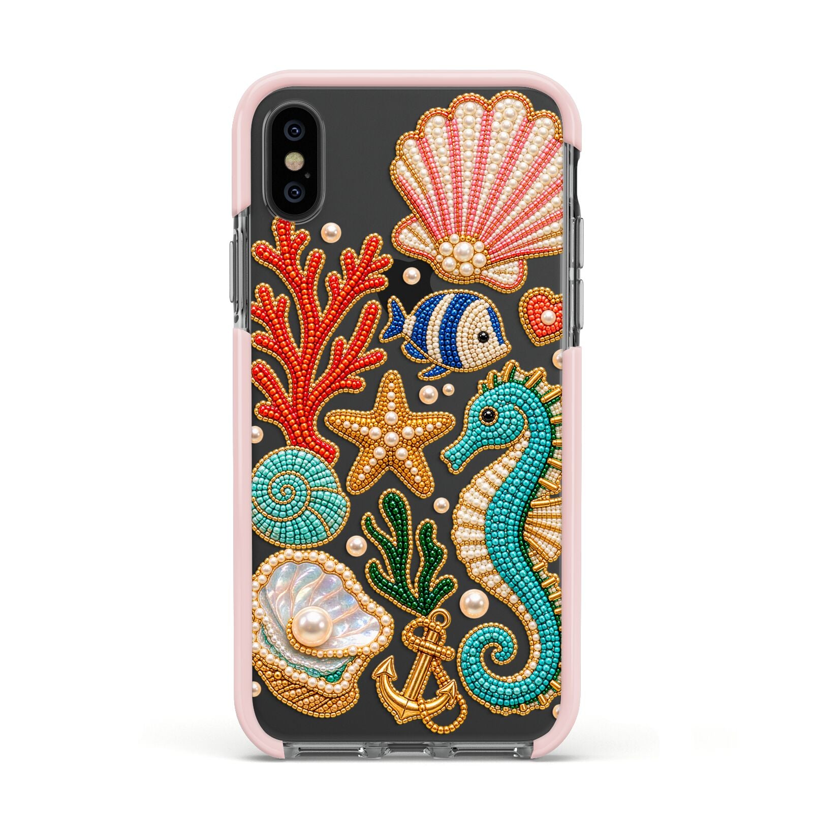 Coastal Treasures Charms Apple iPhone Xs Impact Case Pink Edge on Black Phone