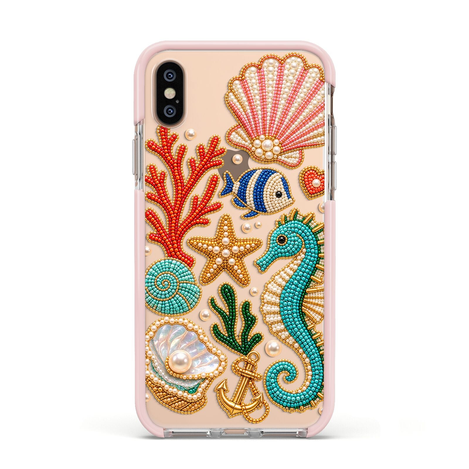 Coastal Treasures Charms Apple iPhone Xs Impact Case Pink Edge on Gold Phone