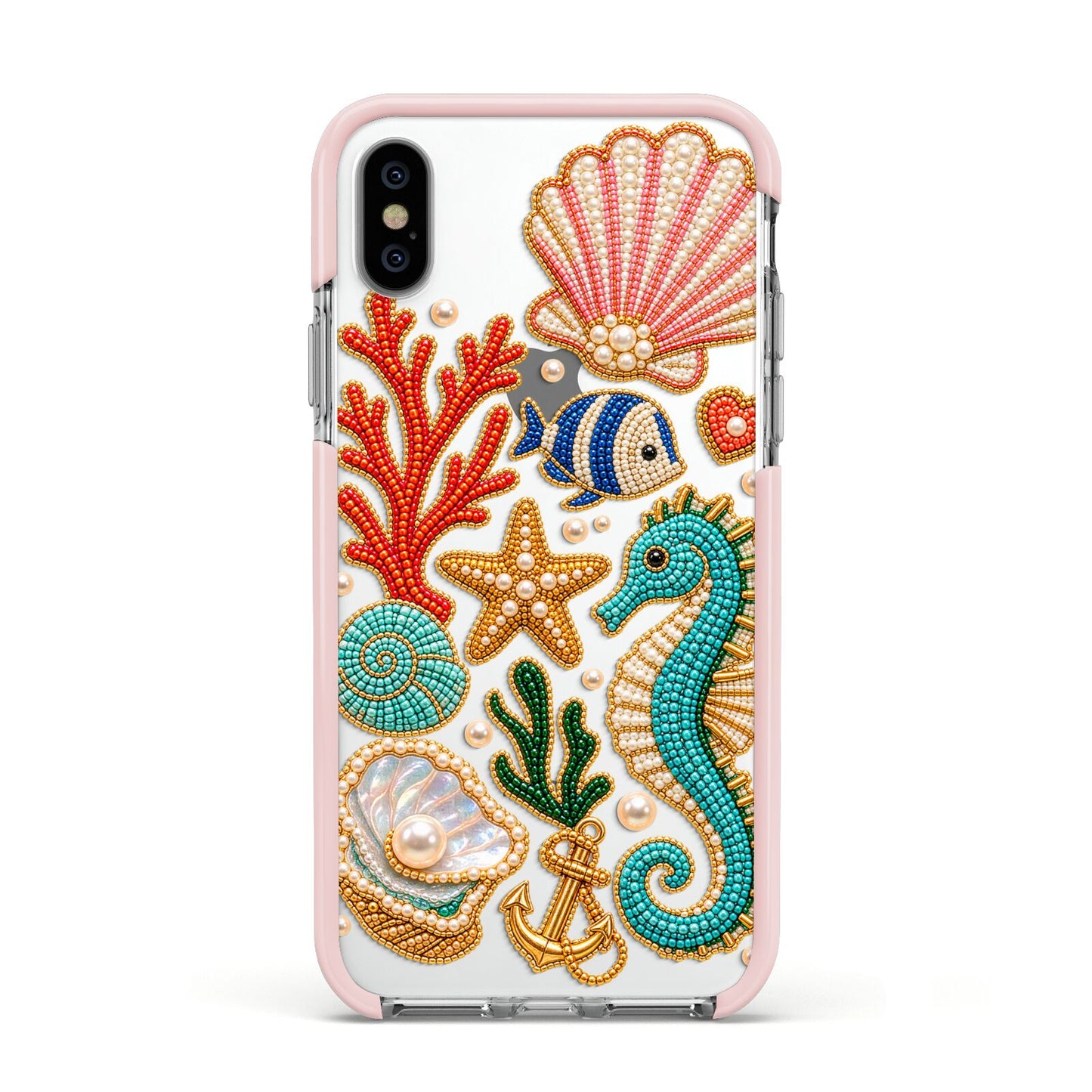 Coastal Treasures Charms Apple iPhone Xs Impact Case Pink Edge on Silver Phone