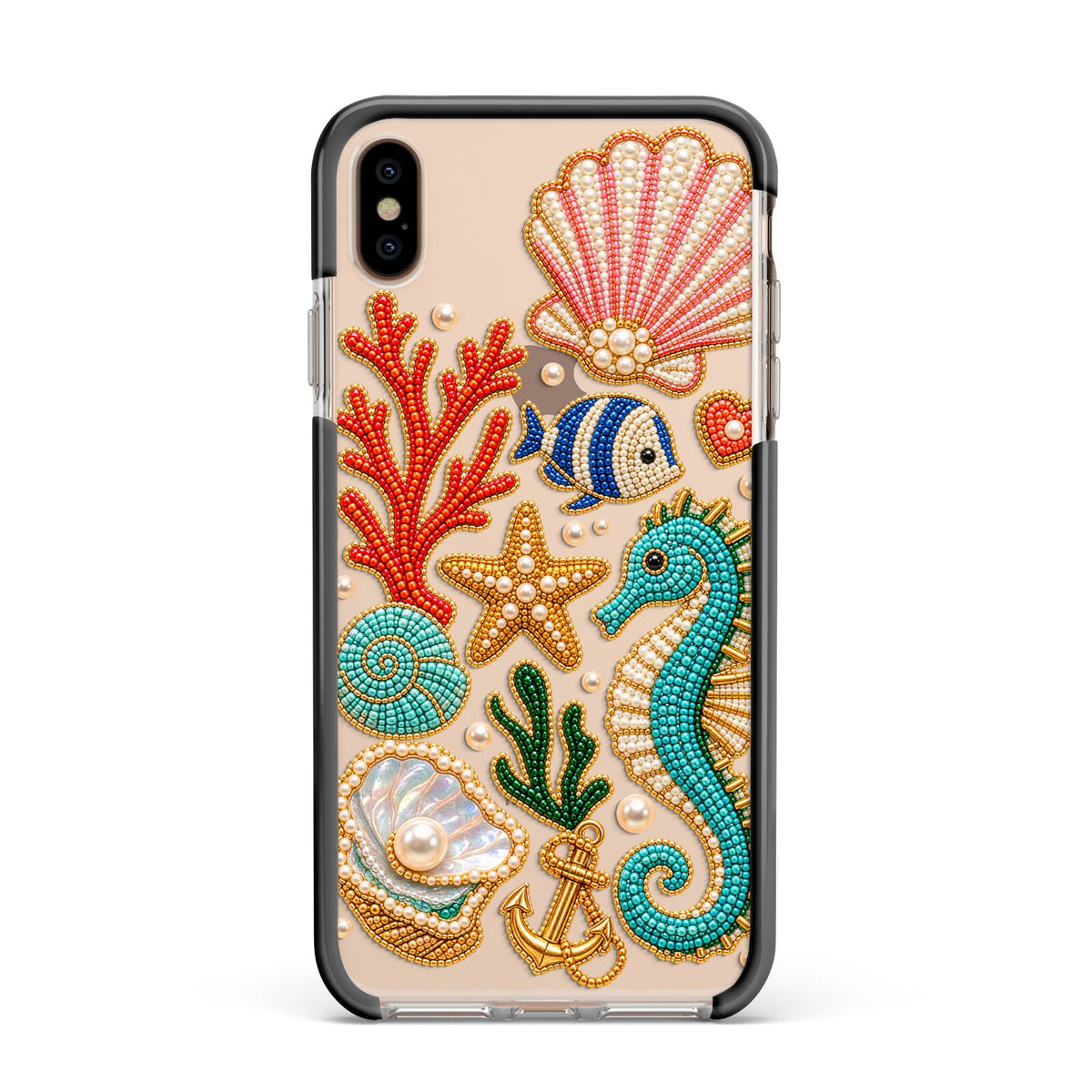 Coastal Treasures Charms Apple iPhone Xs Max Impact Case Black Edge on Gold Phone