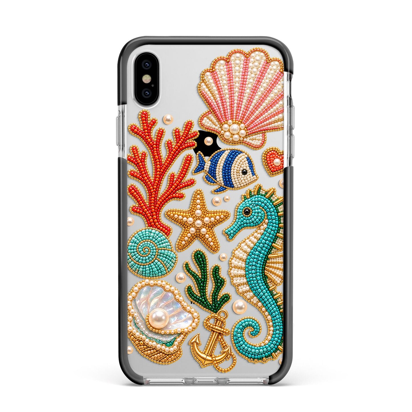 Coastal Treasures Charms Apple iPhone Xs Max Impact Case Black Edge on Silver Phone
