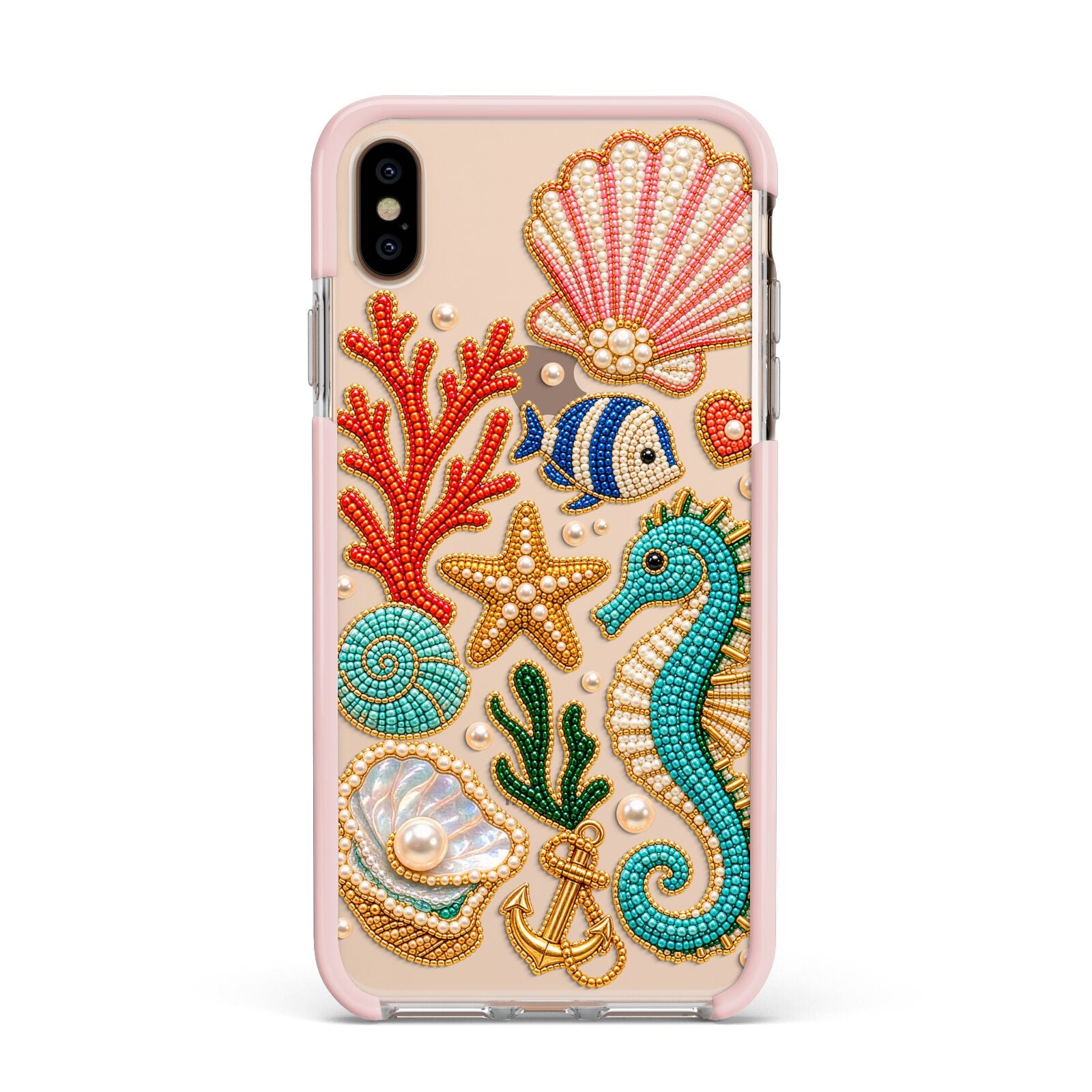 Coastal Treasures Charms Apple iPhone Xs Max Impact Case Pink Edge on Gold Phone