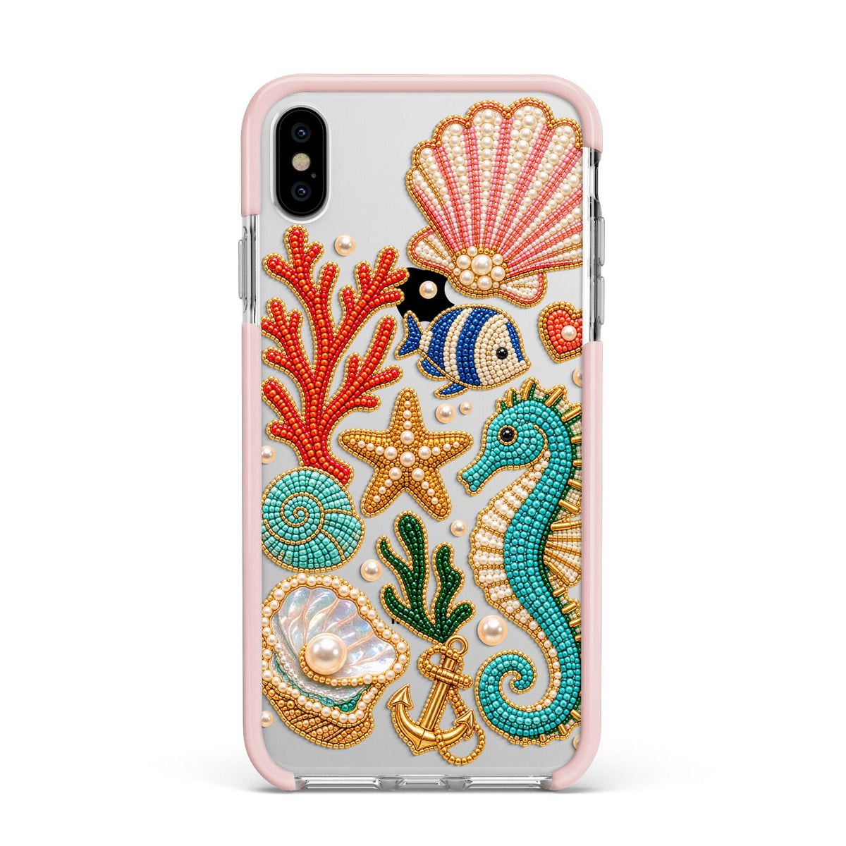 Coastal Treasures Charms Apple iPhone Xs Max Impact Case Pink Edge on Silver Phone
