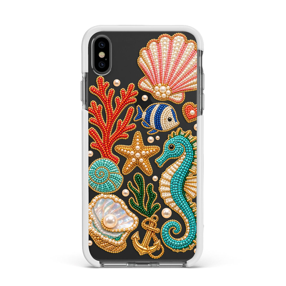 Coastal Treasures Charms Apple iPhone Xs Max Impact Case White Edge on Black Phone