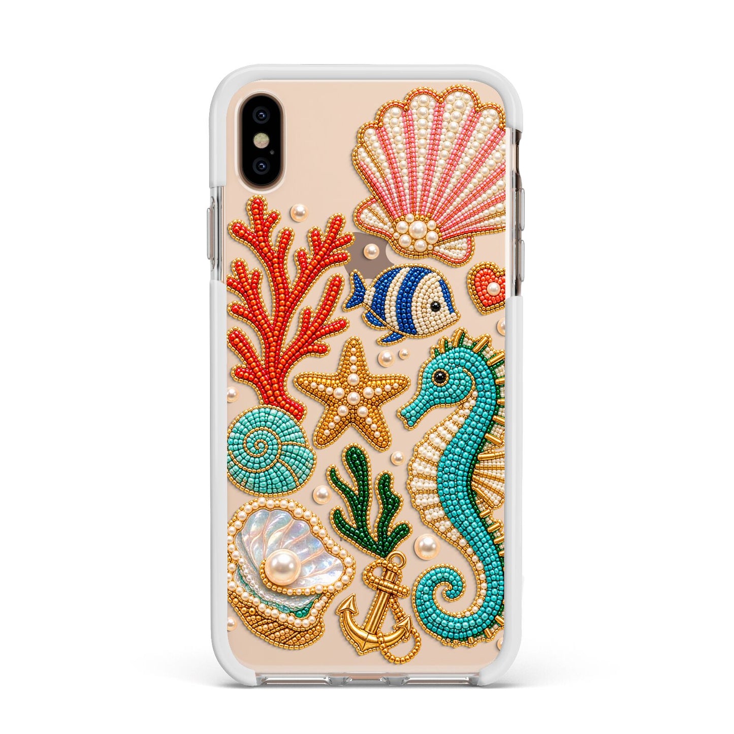 Coastal Treasures Charms Apple iPhone Xs Max Impact Case White Edge on Gold Phone