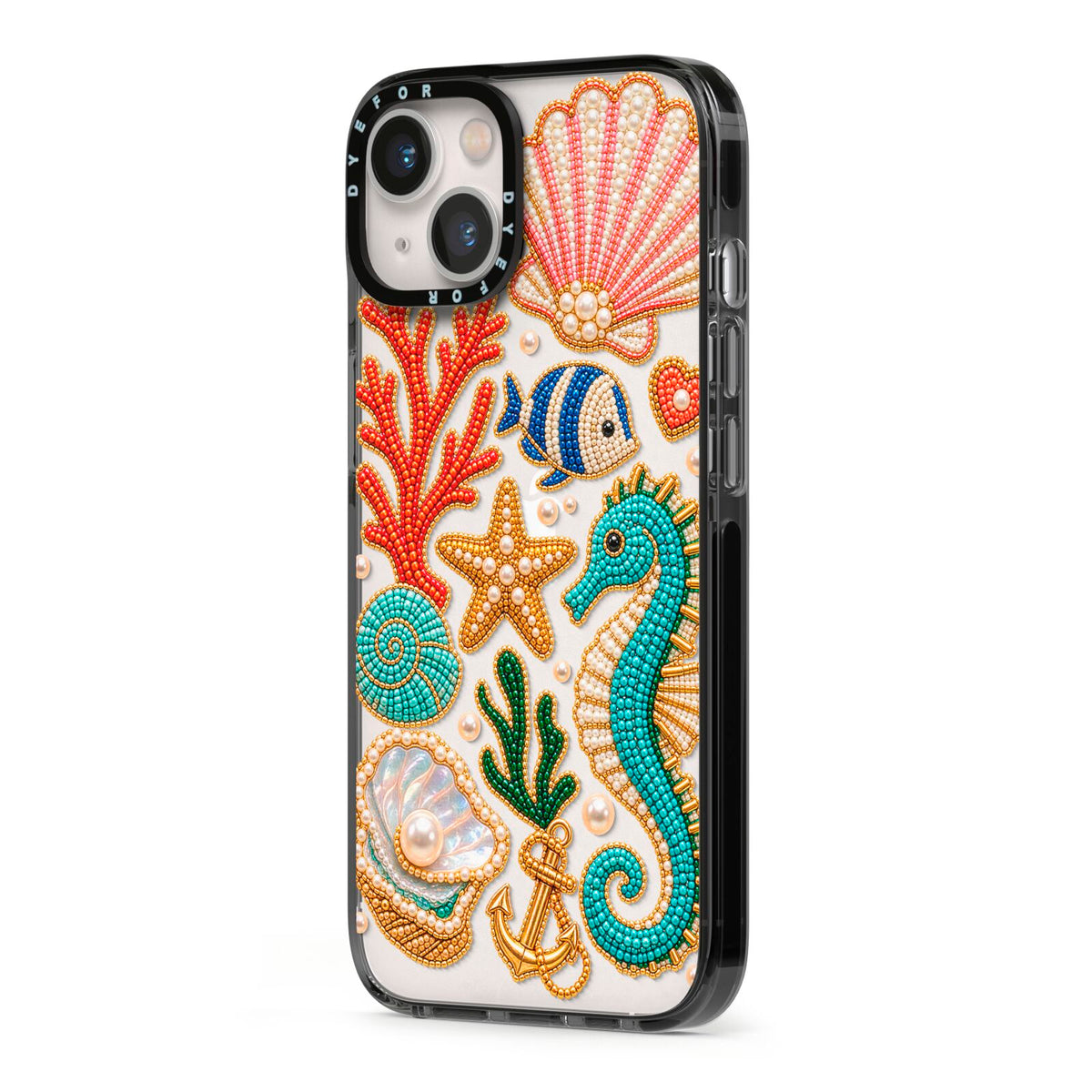 Coastal Treasures Charms iPhone 13 Black Impact Case Side Angle on Silver phone
