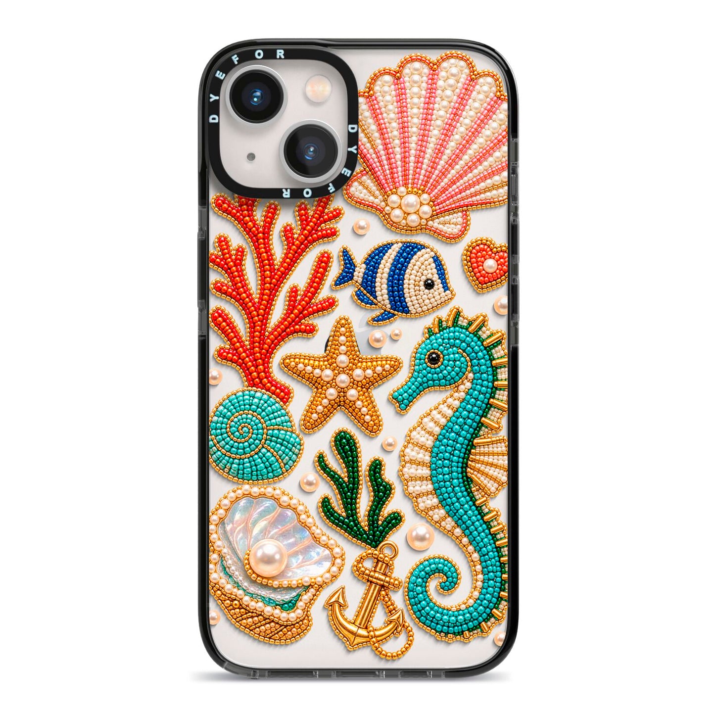 Coastal Treasures Charms iPhone 13 Black Impact Case on Silver phone